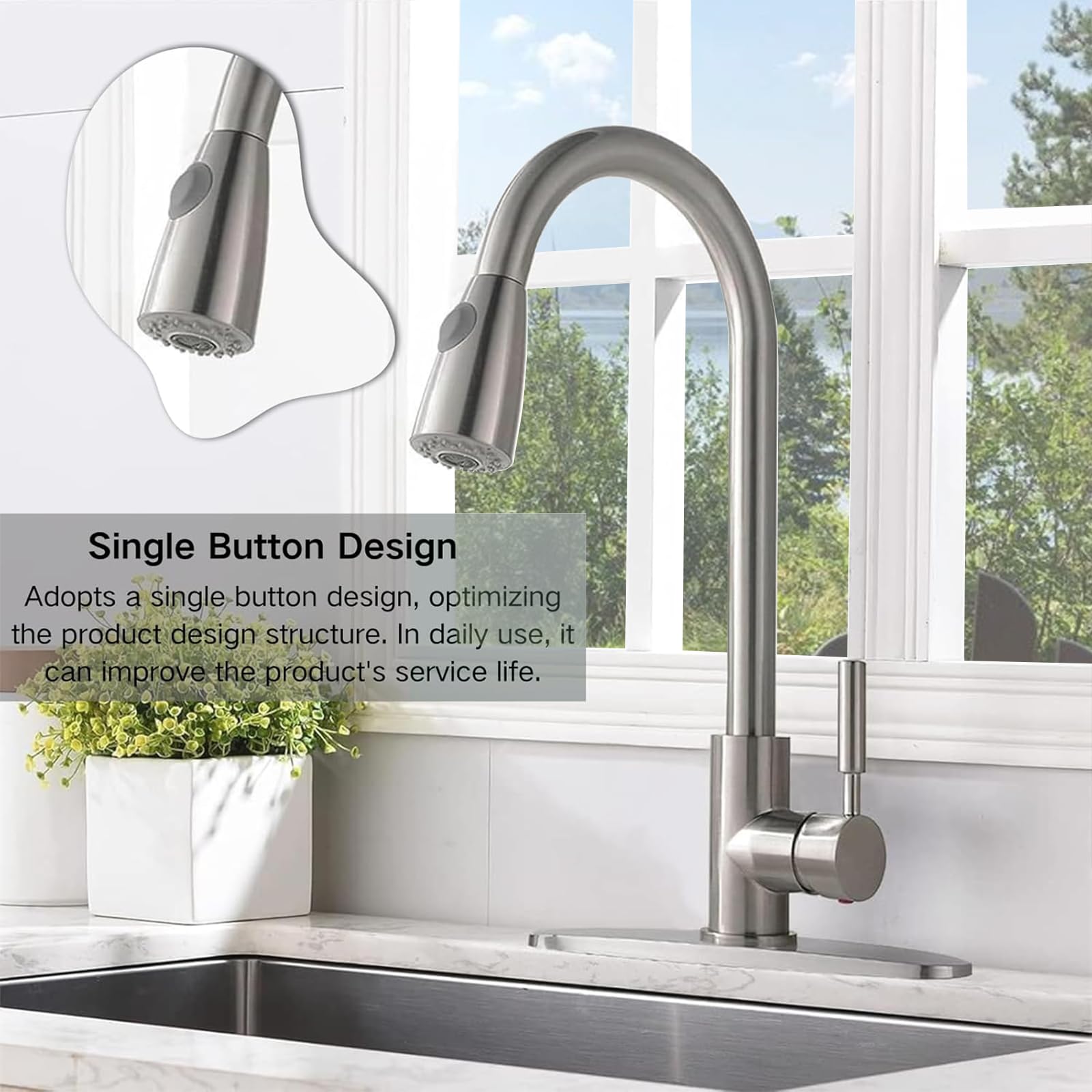 Comllen Brushed Nickel Stainless Steel Pull Down Sprayer Kitchen Faucet - High Arc Single Lever Commercial Sink Faucet for Farmhouse, RV, Bar & Laundry | Perfect for Modern Kitchens, Outdoor Bars & Mobile Homes