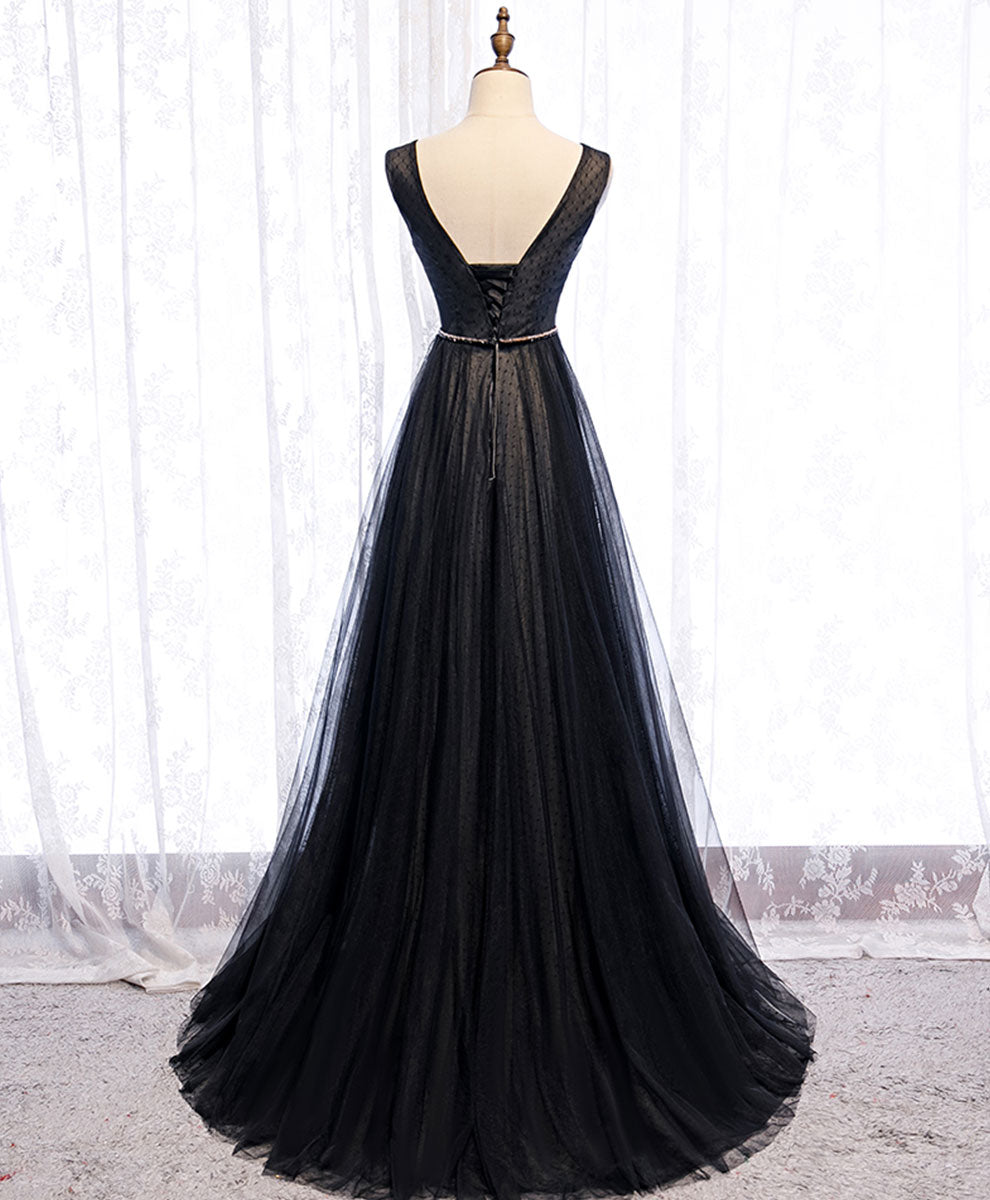 Elegant Black V-Neck Tulle Lace Long Prom Dress for Evening Gala - Perfect for Homecoming, Formal Dances & Special Occasions