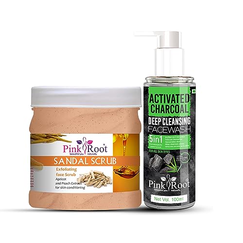 Pink Root Activated Charcoal Deep Cleansing Face Wash 100ml with Sandalwood Scrub | Exfoliating Facial Cleanser with Apricot & Peach Extract | Skin Conditioning Treatment | Perfect for Daily Deep Pore Cleansing & Blackhead Removal