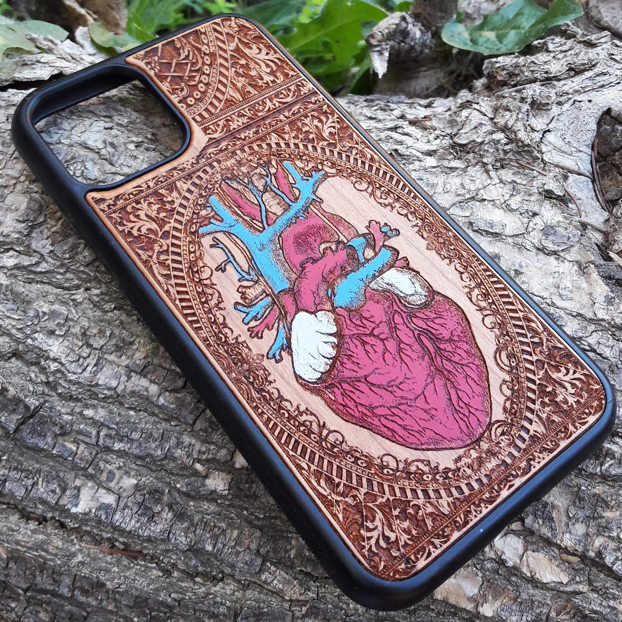 Hand-Painted Wooden Phone Case for iPhone 16/15/14/13/12/11 Pro Max Mini & Galaxy S25/S24/S23/S22/S21/S20 Ultra Plus - Human Heart Earth Design, Laser Engraved, Slim & Eco-Friendly Wood Cover - Perfect for Nature Lovers & Unique Gift Giving