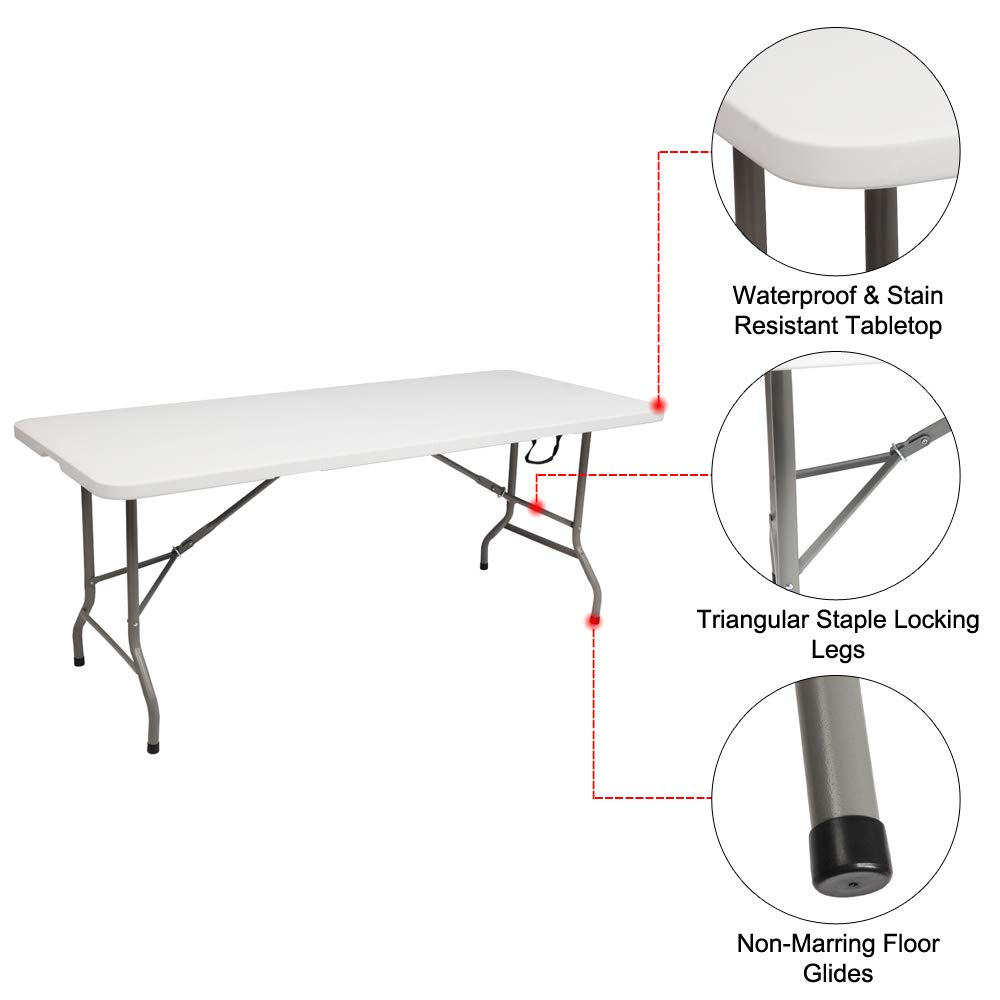 Foldable 6-Foot Plastic Utility Table - Heavy Duty Folding Table for Kitchen, Outdoor Parties, Weddings, Picnics & Camping (72.05 x 29.92 x 29.13 Inches) | Portable Dining Table, Card Table & Commercial Use Surface for Events, Tailgating & Home Organization