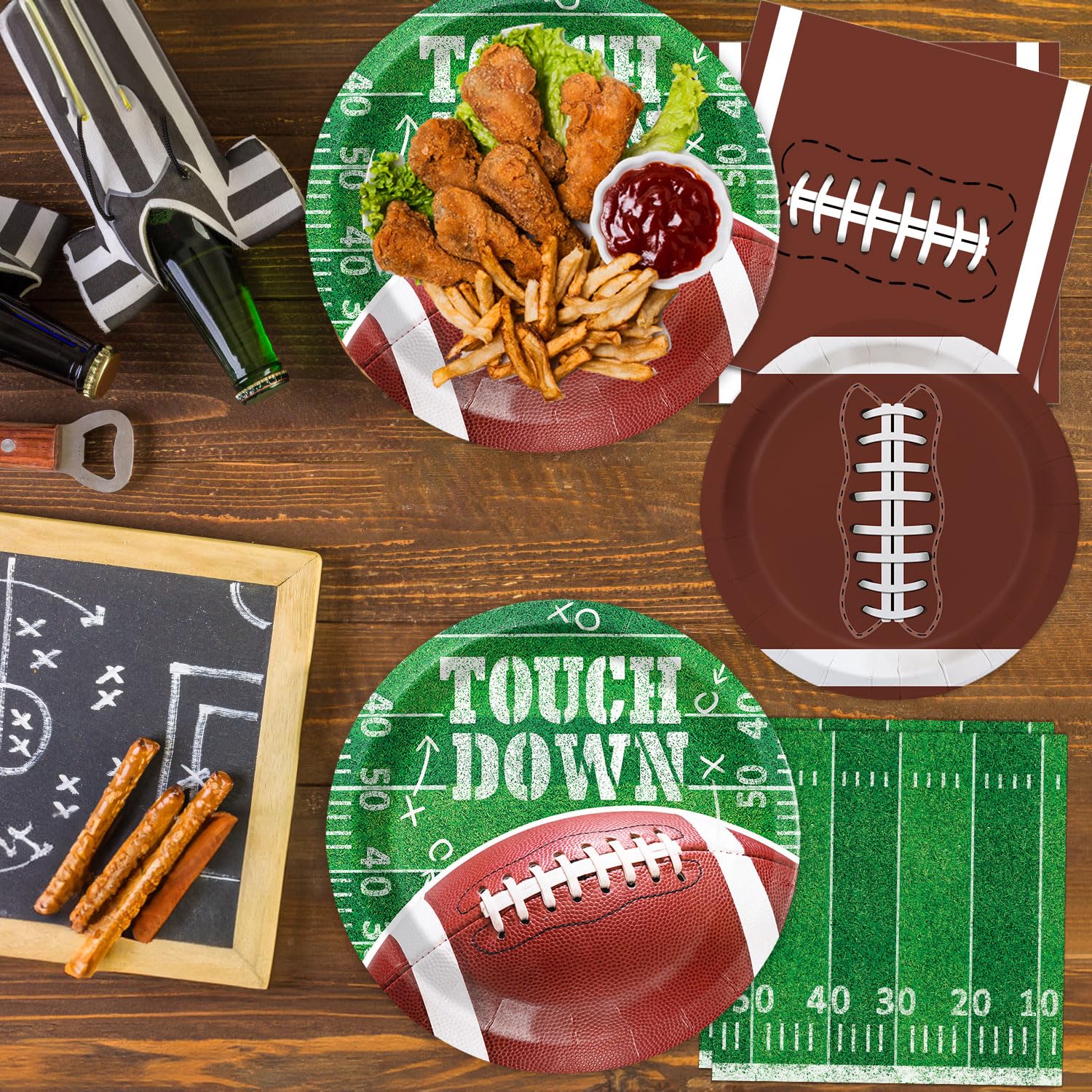 Football Party Supplies Kit for 50 Guests - Touchdown Dinner Plates, Dessert Plates & Napkins Set - Green, White & Brown - Perfect for Game Day Tailgates, Sports Events & Football Themed Parties