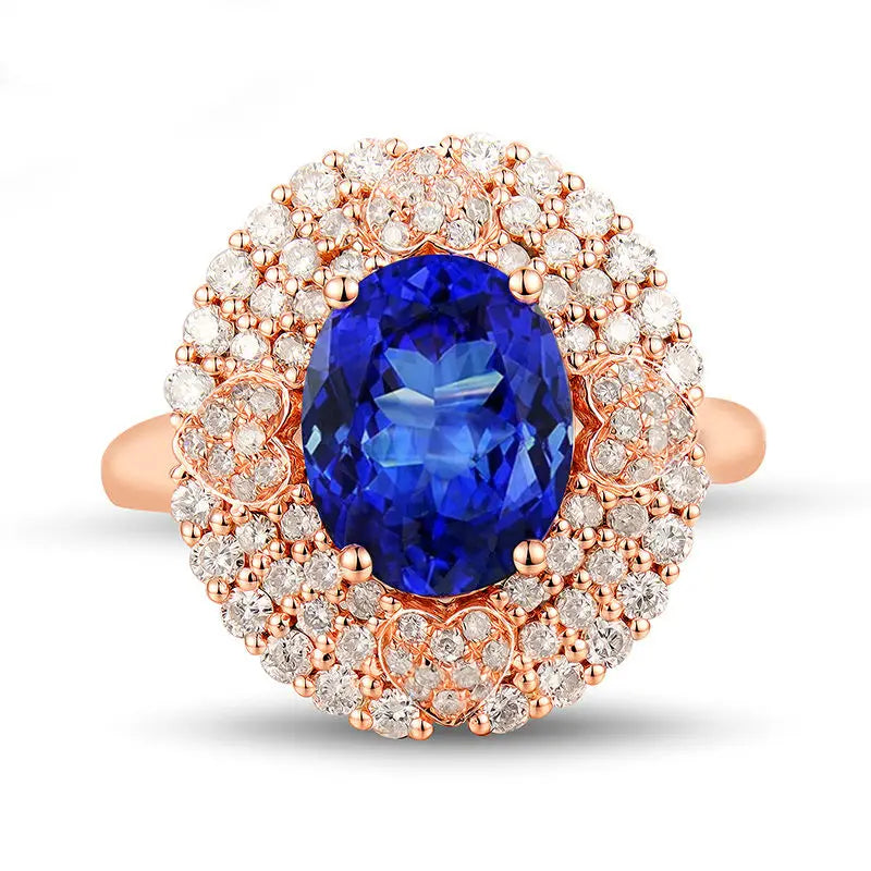 18K Rose Gold Blue Tanzanite & Diamond Ring for Women - Elegant Anniversary Jewelry Gift for Wife, Engagement, Wedding, Valentine's Day & Special Occasions