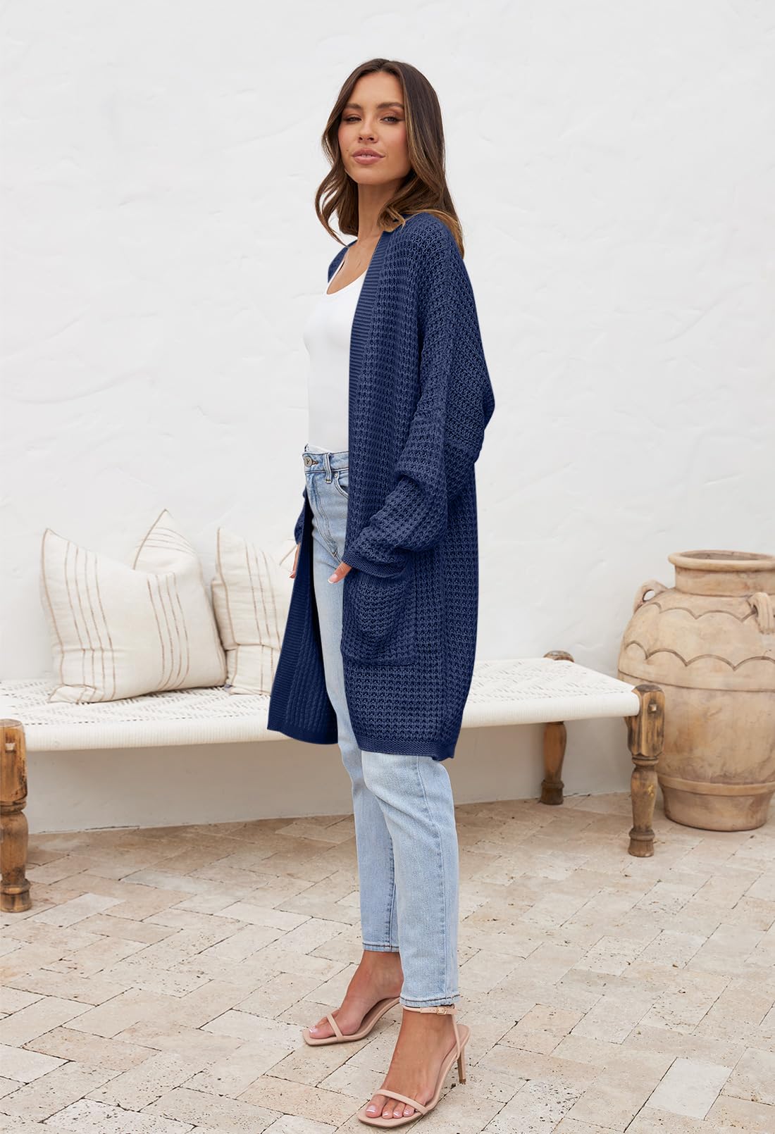 MEROKEETY Women's Oversized Long Batwing Sleeve Cardigan Waffle Knit Sweater Coat - Cozy Winter Layering for Casual Outfits & Lounge Wear