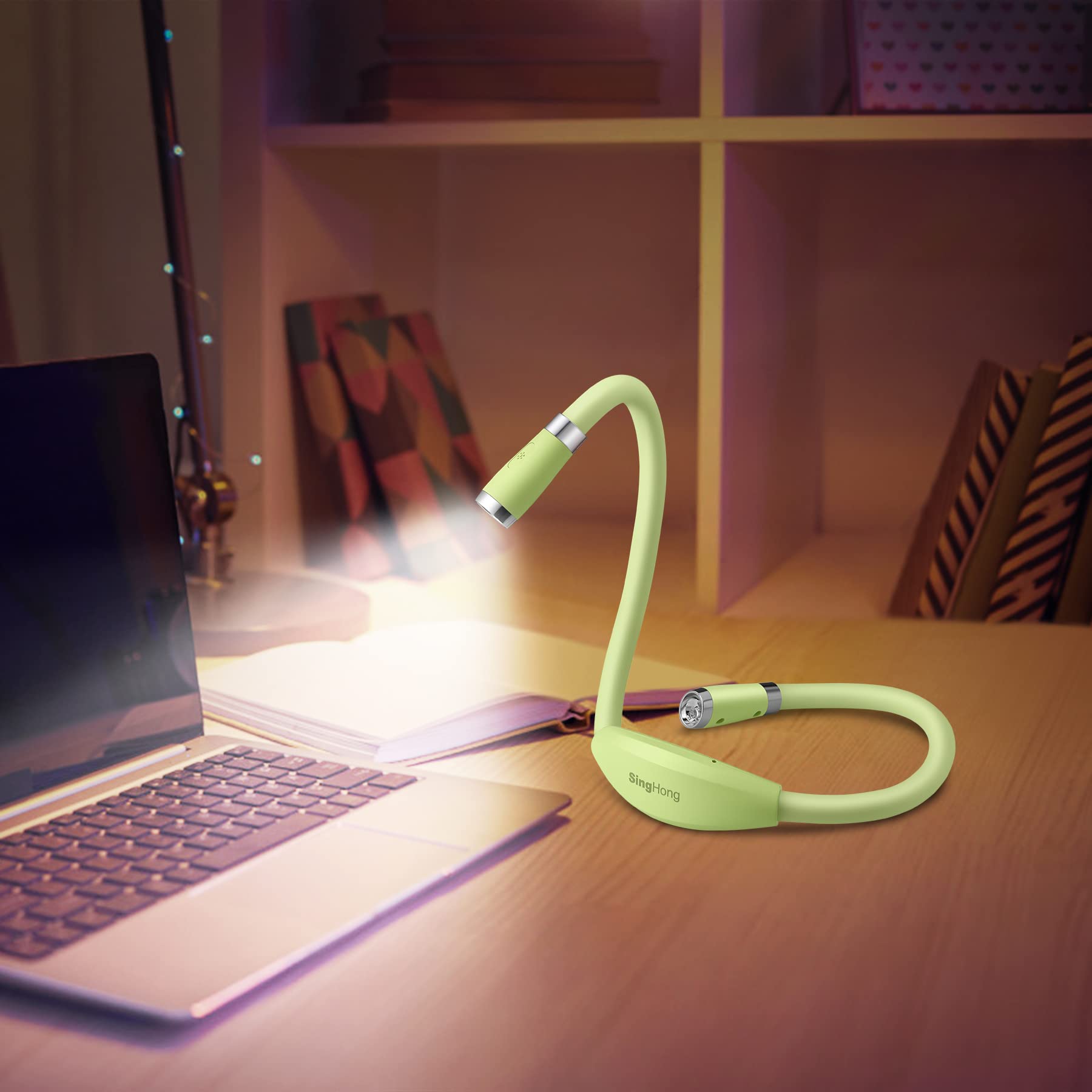 USB-C Rechargeable Neck Book Light - 4 LED Bulbs with 4 Adjustable Brightness Levels, Hands Free Reading Lamp for Bed, Car, Travel & Night Reading (Green) - Perfect Gift for Book Lovers & Students