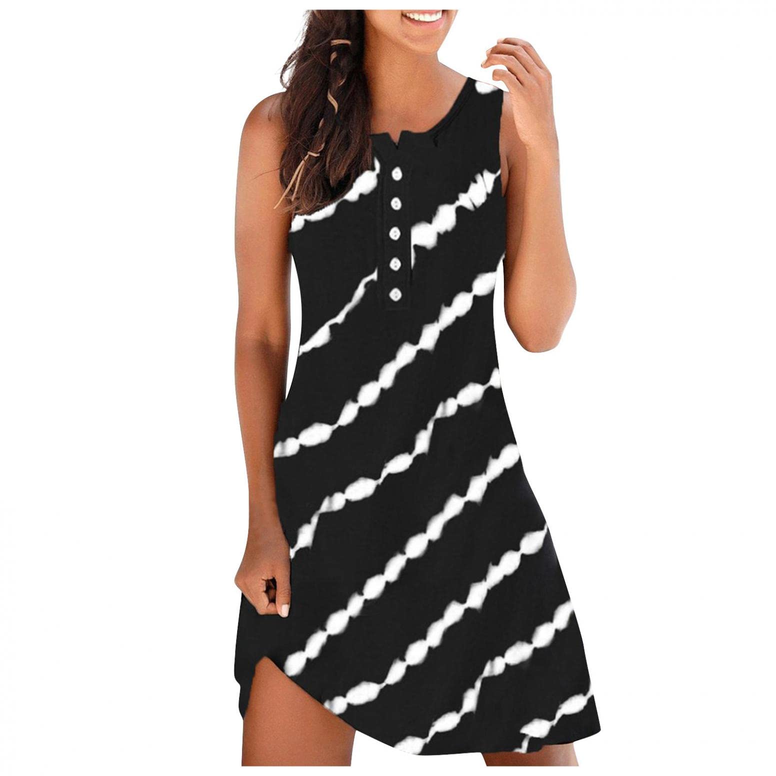 Women's Casual Summer Dresses 2023 - Sexy Vintage Sleeveless Striped Mini Dress with O-Neck | Perfect for Beach Vacations, Date Nights & Summer Parties