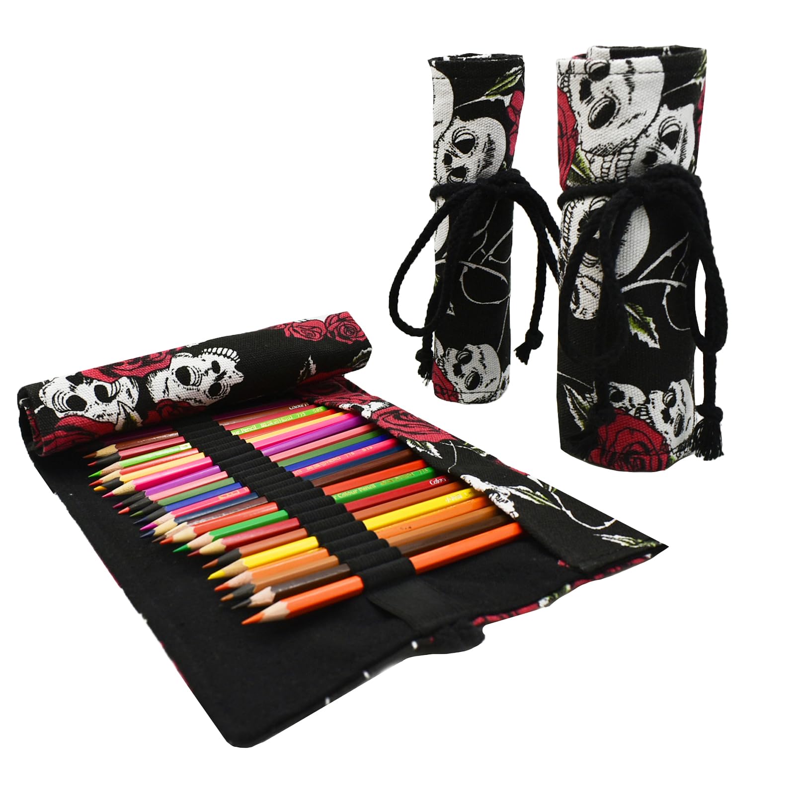 Lopenle Rose Skull Canvas Pencil Wrap Case - 72 Slot Roll-Up Holder for Artists, Adult Coloring, Sketching & Travel Storage | Perfect for Art Supplies, School, Office & On-the-Go Organization