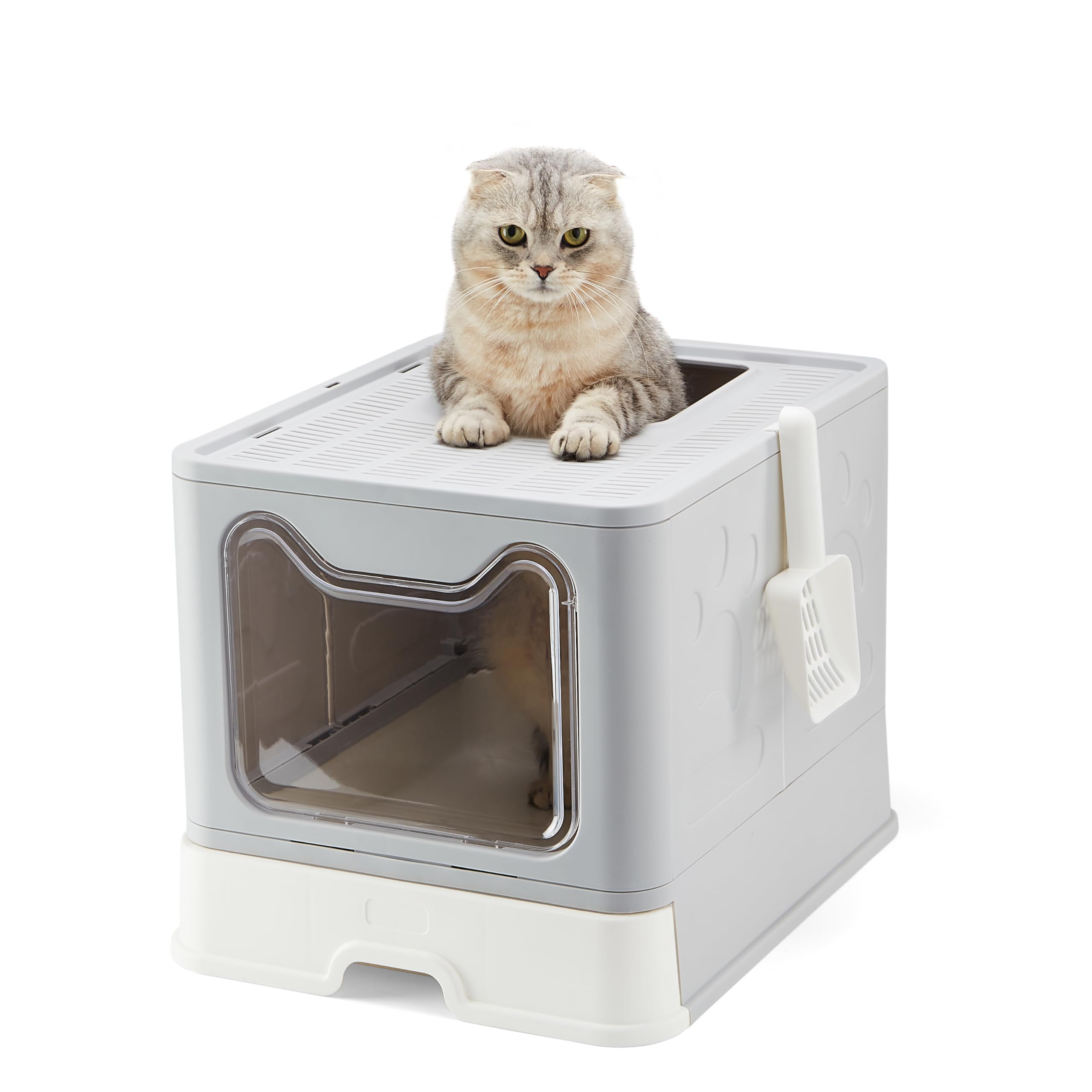 Foldable Cat Litter Box with Lid - Large Top Entry Enclosed Litter Box with Scoop, Anti-Splashing Design & Easy Clean Drawer - Perfect for Small Spaces & Travel (Grey)