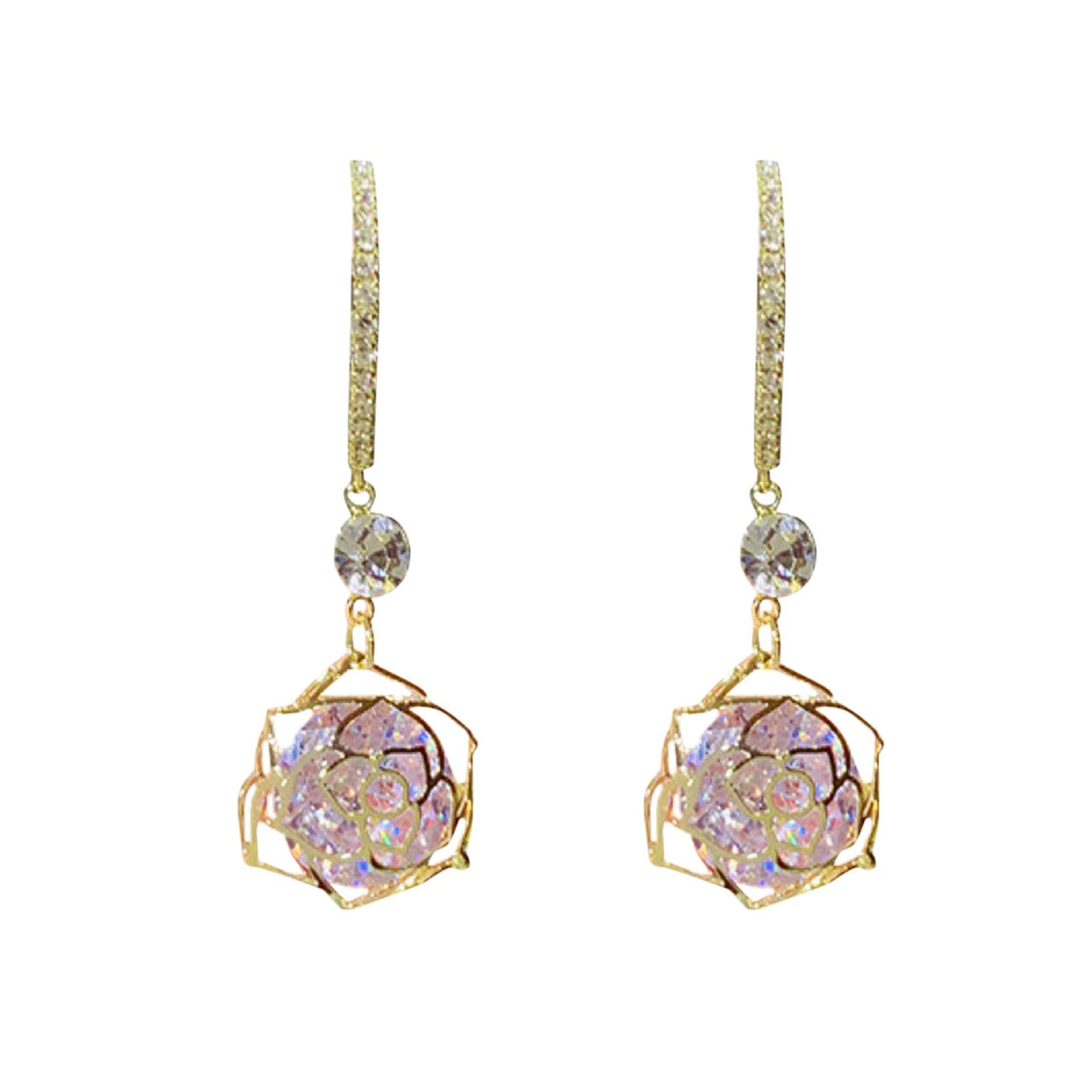 Hollowed Out Rose Rhinestone Zircon Earrings for Women - Trendy Diamond Fashion Jewelry - Blue Pearl Stud Earrings for Party, Wedding & Daily Wear