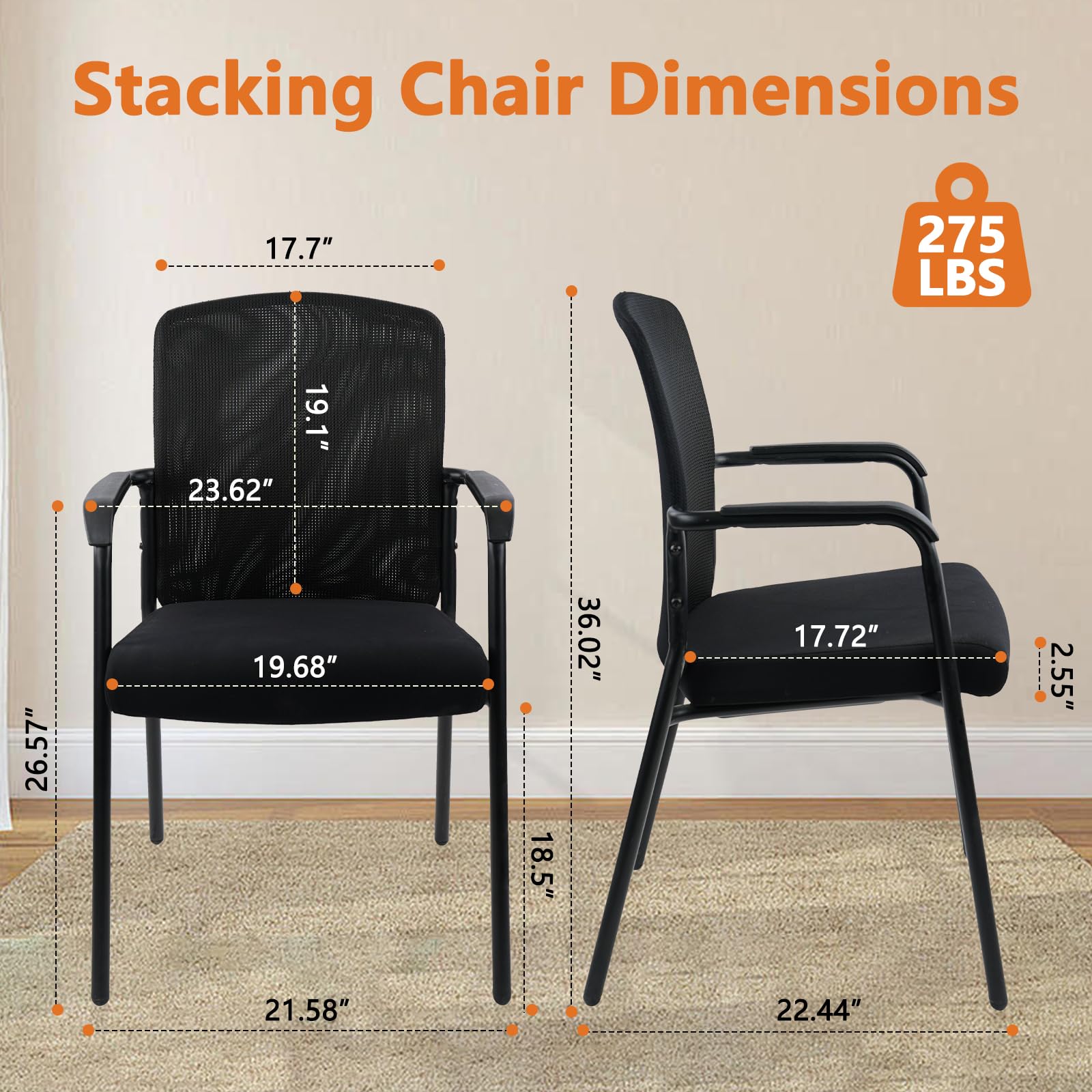CLATINA Stackable Office Chairs with Arms - 4 Pack Double Mesh Waiting Room Chairs with Thickened Cushion, High Back Guest Chairs for Reception, Lobby, School, Banquet & Conference Rooms - Black Ergonomic Seating Solution