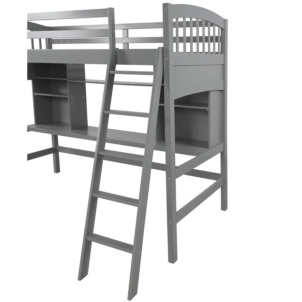 Harper & Bright Designs Twin Loft Bed with Desk - Sturdy Wood Study Loft Bed Frame with Angled Ladder, No Box Spring Needed, Grey - Perfect for Small Bedrooms, Kids Rooms & Dorm Spaces