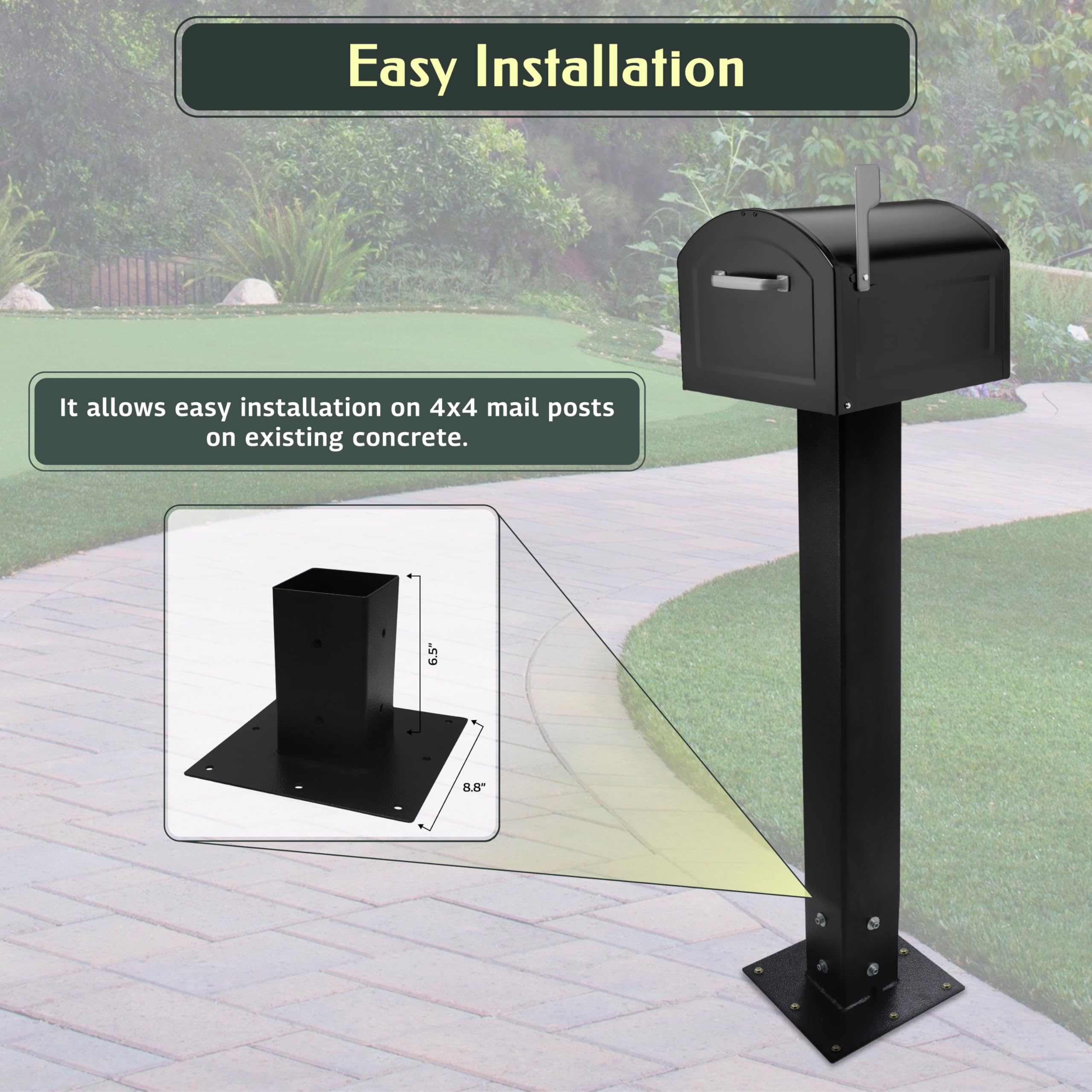 Heavy Duty 4x4 Post Base - Carbon Steel Mailbox Mounting Plate for Concrete & Soil Ground - Deck, Porch, Railing Support - Outdoor Mailbox Post Installation & Home Improvement Projects