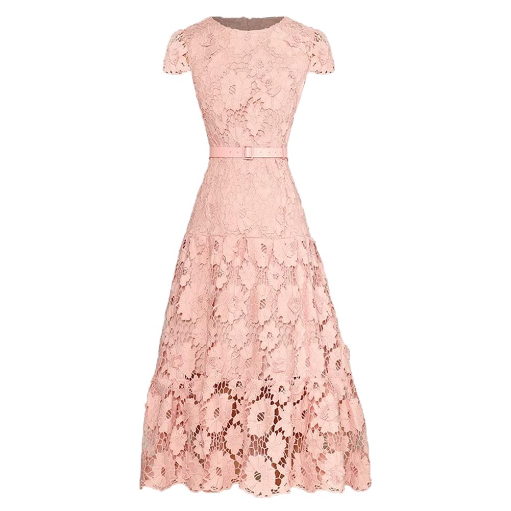 Elegant Women's Crewneck Hollow Out Lace Dress with Water-Soluble Floral Details - Perfect for Cocktail Parties, Evening Events & Special Occasions