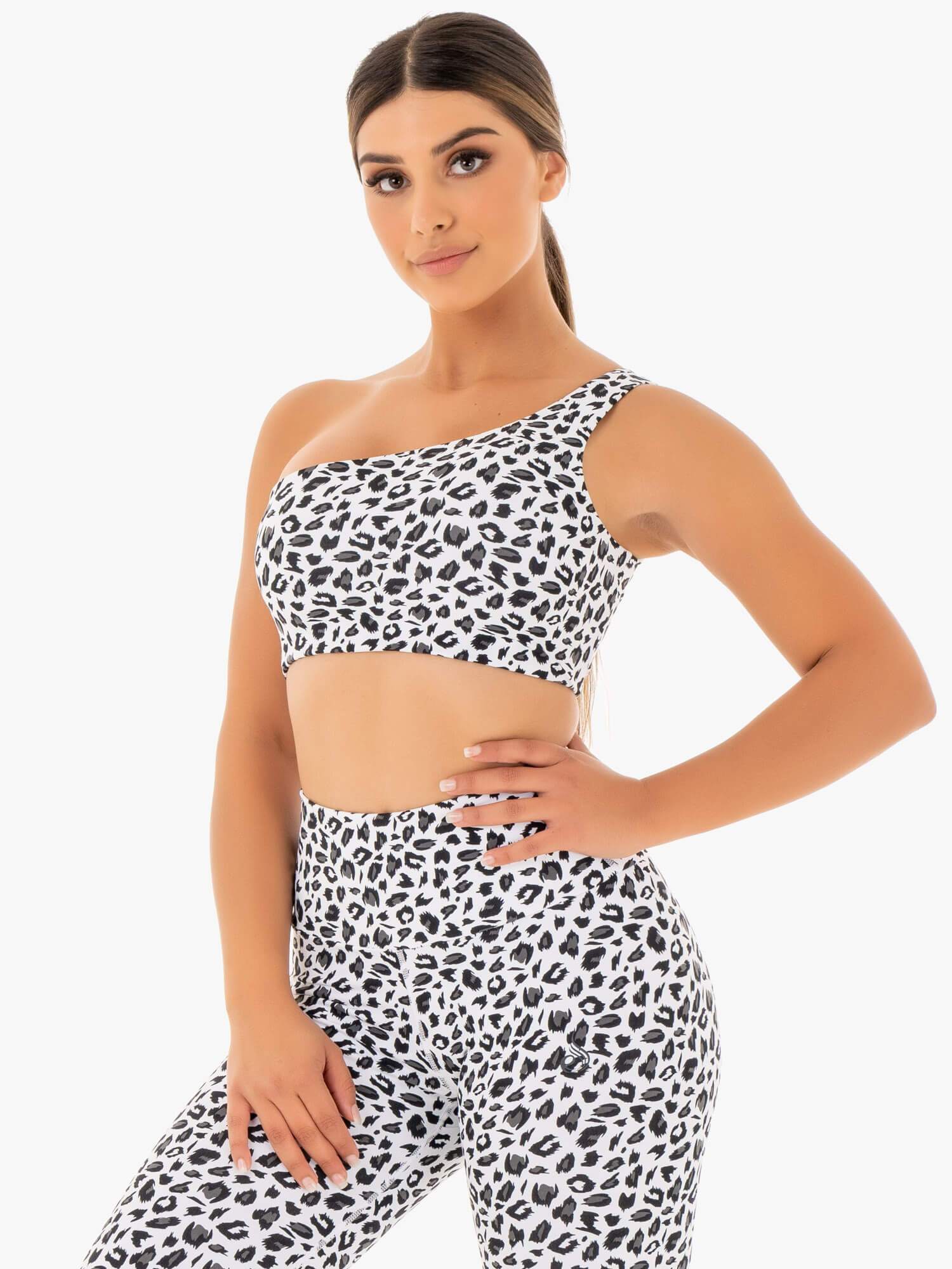 Adapt One Shoulder Sports Bra - Snow Leopard Print - High Support Workout Top for Yoga, Running & Gym - Trendy Athletic Wear for Women