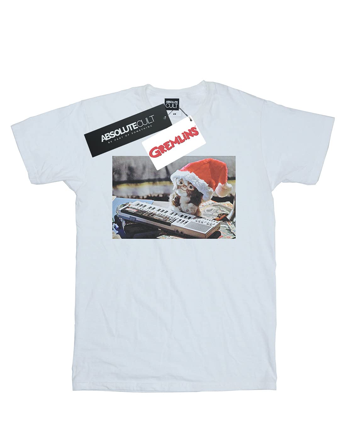 ABSOLUTECULT Gremlins Boys Mogwai Christmas Graphic T-Shirt - White Cotton Tee for Kids Age 7-8 | Holiday Party Outfit, Christmas Gift, Movie Theme Costume