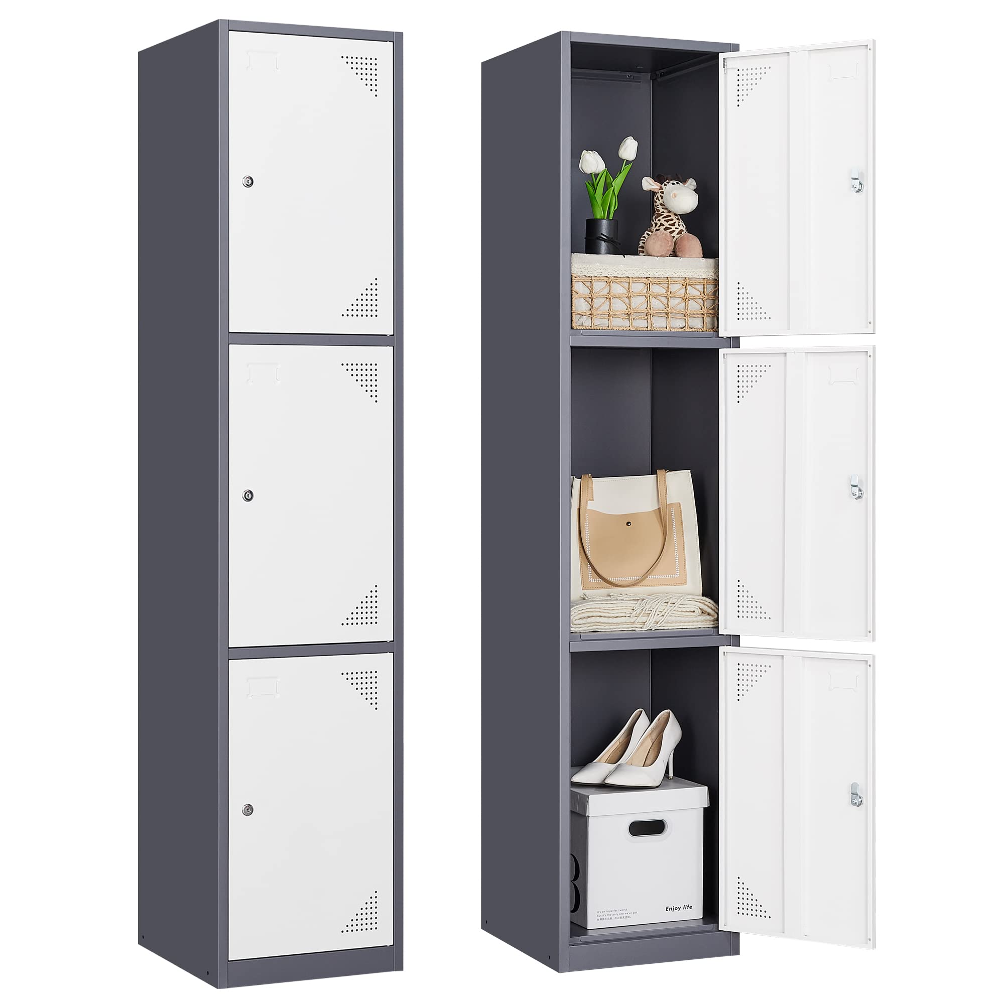 BYNSOE 3-Door Metal Locker - Heavy Duty Storage Cabinet for Employees, School, Gym & Hospital - Easy Assembly (Grey White) - Perfect for Workplace, Fitness Center & Institutional Storage