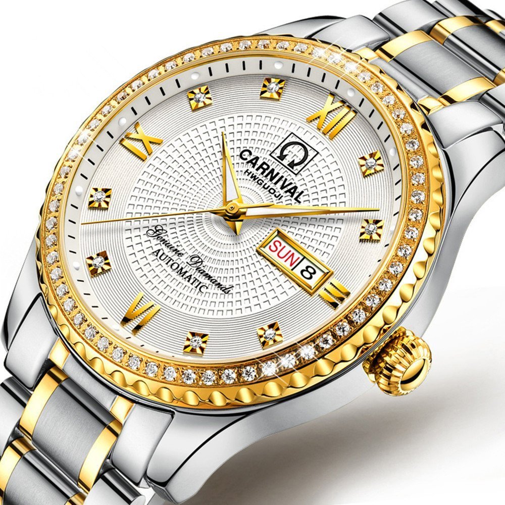 Gosasa Swiss Made Men's Luxury Gold Watch - Automatic Analog Display with Calendar, Week Indicator & Luminous Hands - 18K Gold Plated Stainless Steel Diamond Watch for Business, Formal Events & Special Occasions