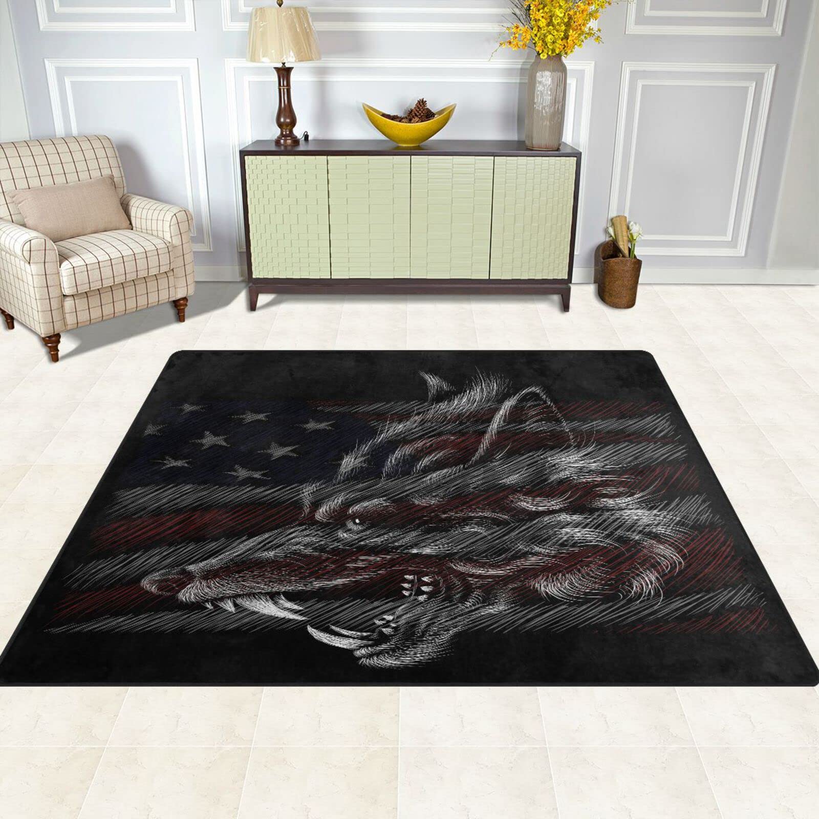 ALAZA American Flag Wolf Star Striped Area Rug - 5'3