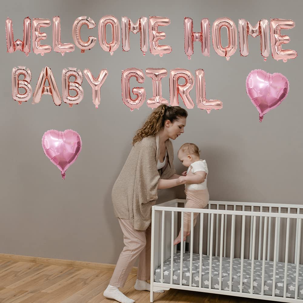 Welcome Home Baby Girl Balloon Banner - 16 Inch RosGold Gender Reveal & Baby Shower Decorations - Perfect for Nursery Decor, Newborn Photos, and First Birthday Parties