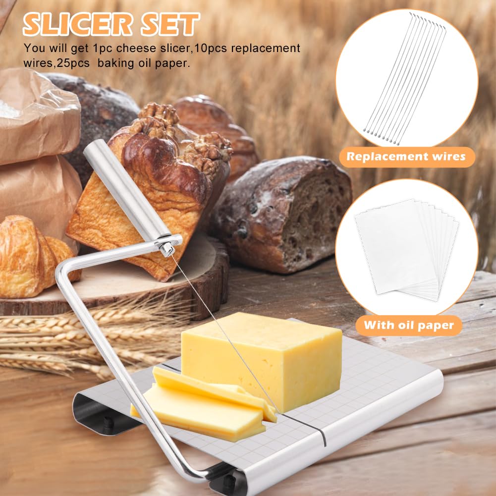 Premium Stainless Steel Cheese Slicer with 10 Wires & 25 Baking Oil Papers - Heavy Duty Adjustable Cheese Cutter Board for Block Cheese - Perfect for Home Kitchens, Delis, and Cheese Platter Preparation