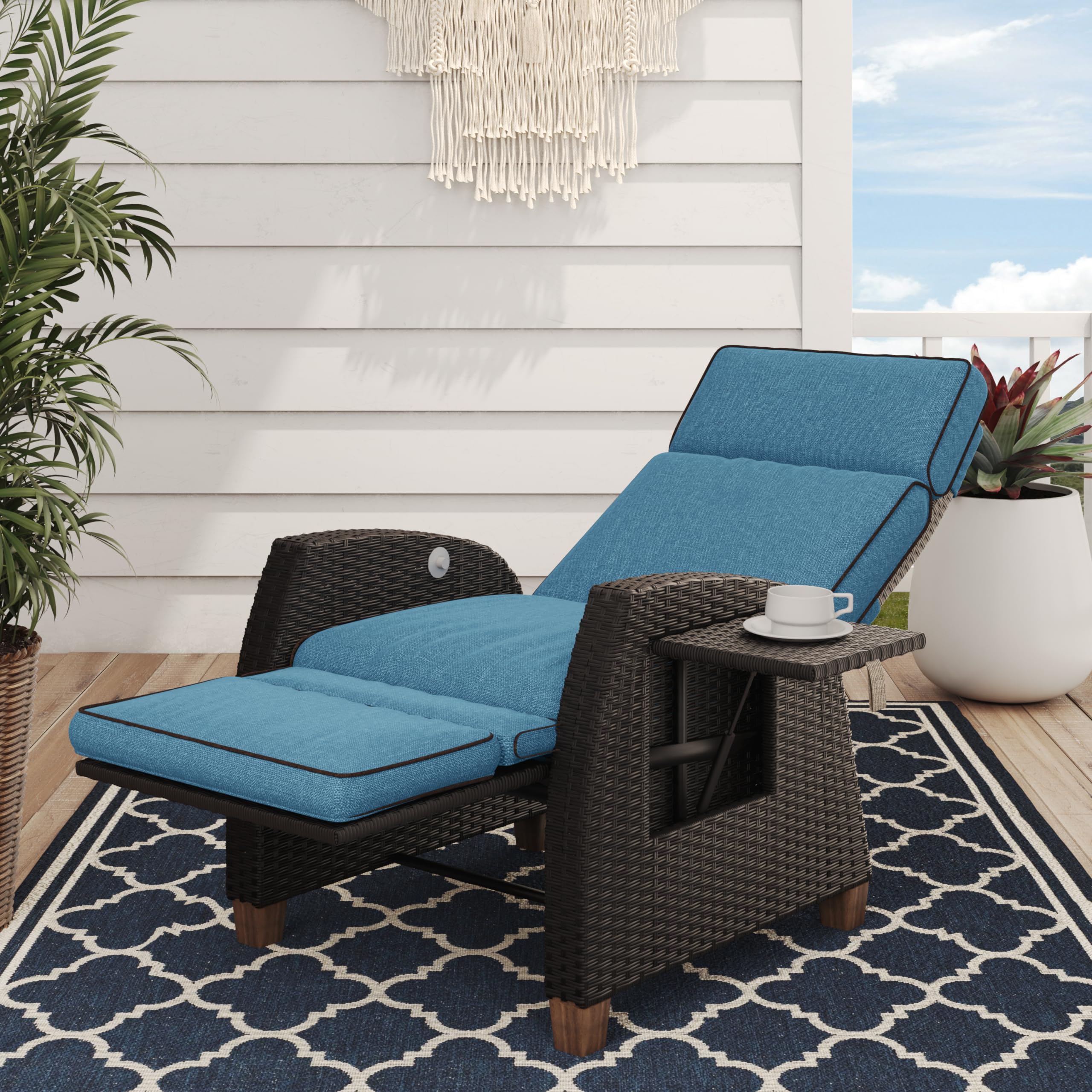 Premium Outdoor Recliner Chair - 150° Adjustable Lay Flat Patio Lounge Chair with Flip-Up Side Table, Weather-Resistant Wicker Design in Peacock Blue - Perfect for Poolside, Backyard Relaxation, Sunbathing & Outdoor Living Spaces | Ideal for Beach, Garden, Deck, and Patio Lounging