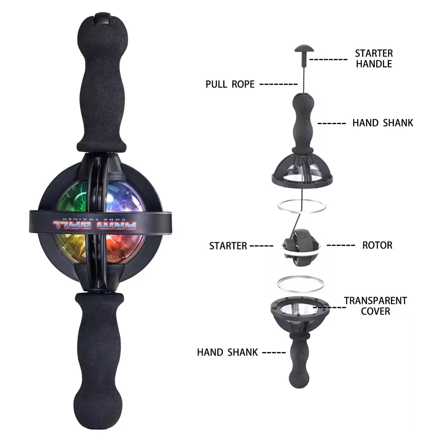 Gyro Ball Core Trainer with Handle - Arm & Forearm Strengthener for Muscle & Bone Strength - LED Light for Fitness & Rehabilitation Training