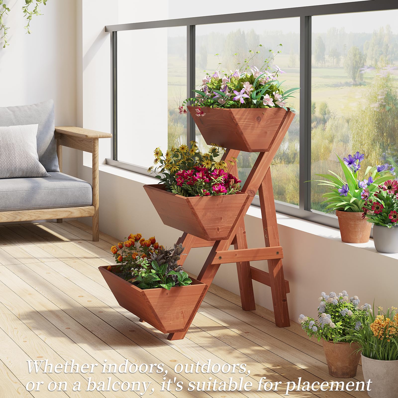 3-Tier Wooden Raised Garden Bed - Outdoor/Indoor Planter Box for Vegetables, Flowers, Herbs | Durable Wood Plant Stand for Patio, Balcony, Backyard Gardening (Brick Red, Small Size)