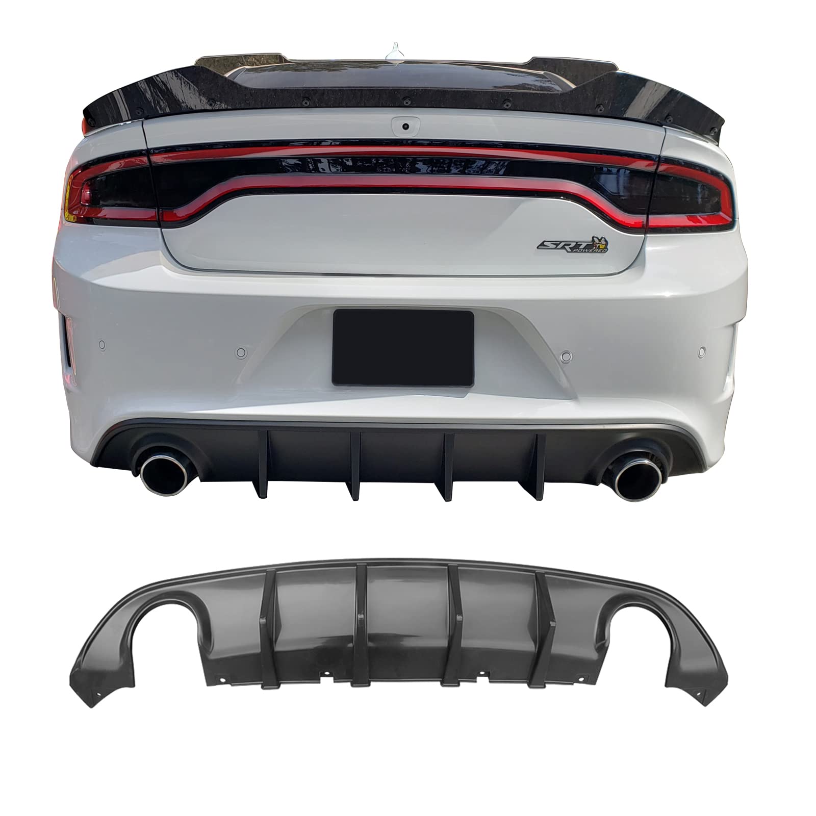 IKON MOTORSPORTS Rear Diffuser for 2015-2023 Dodge Charger SRT | V3 Style Unpainted Black PP Splitter Bumper Lip Spoiler | Aggressive Styling Upgrade for Street Racing & Car Shows