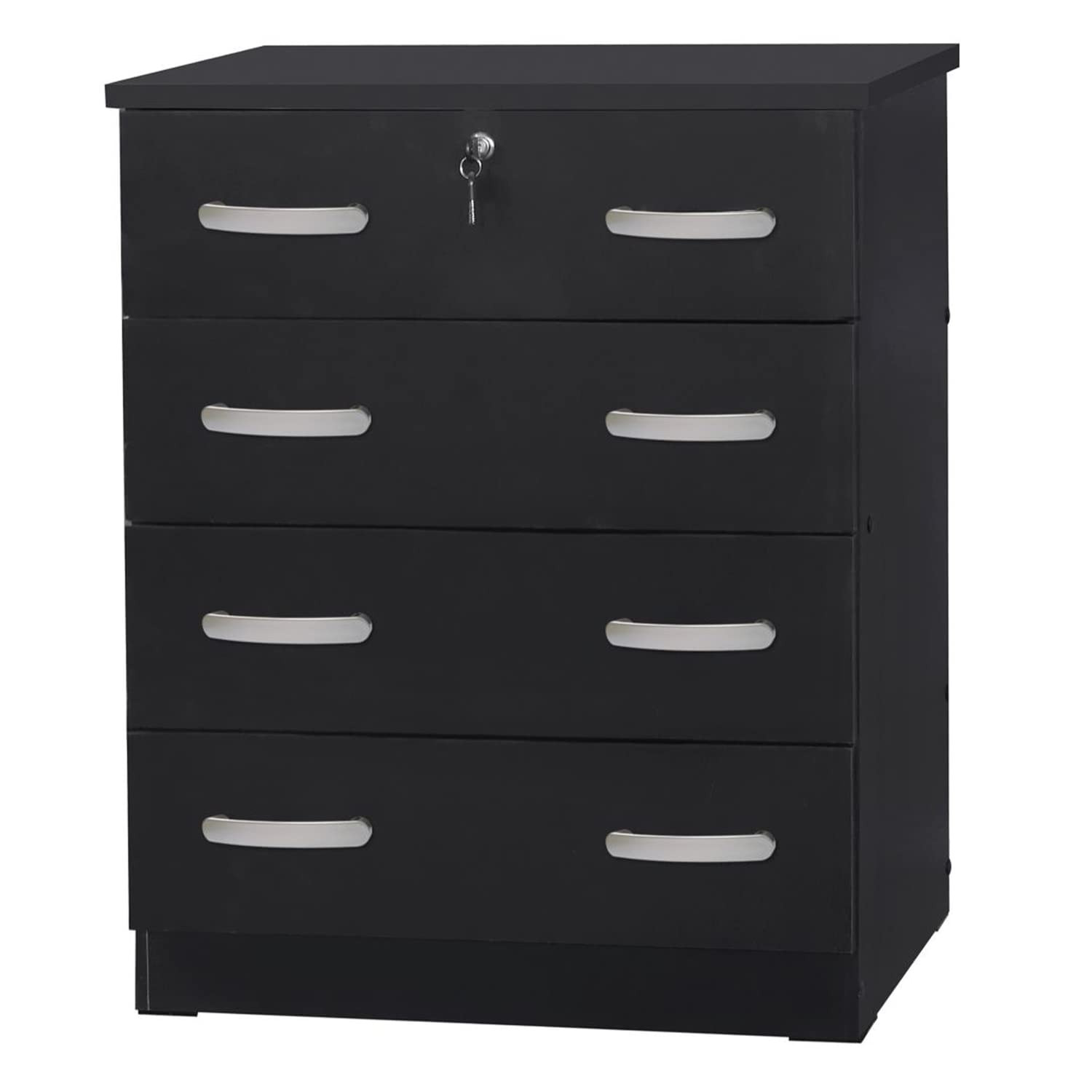 Better Home Products Cindy 4-Drawer Wooden Dresser with Lock - Black Finish for Bedroom, Living Room, or Office Storage Organization