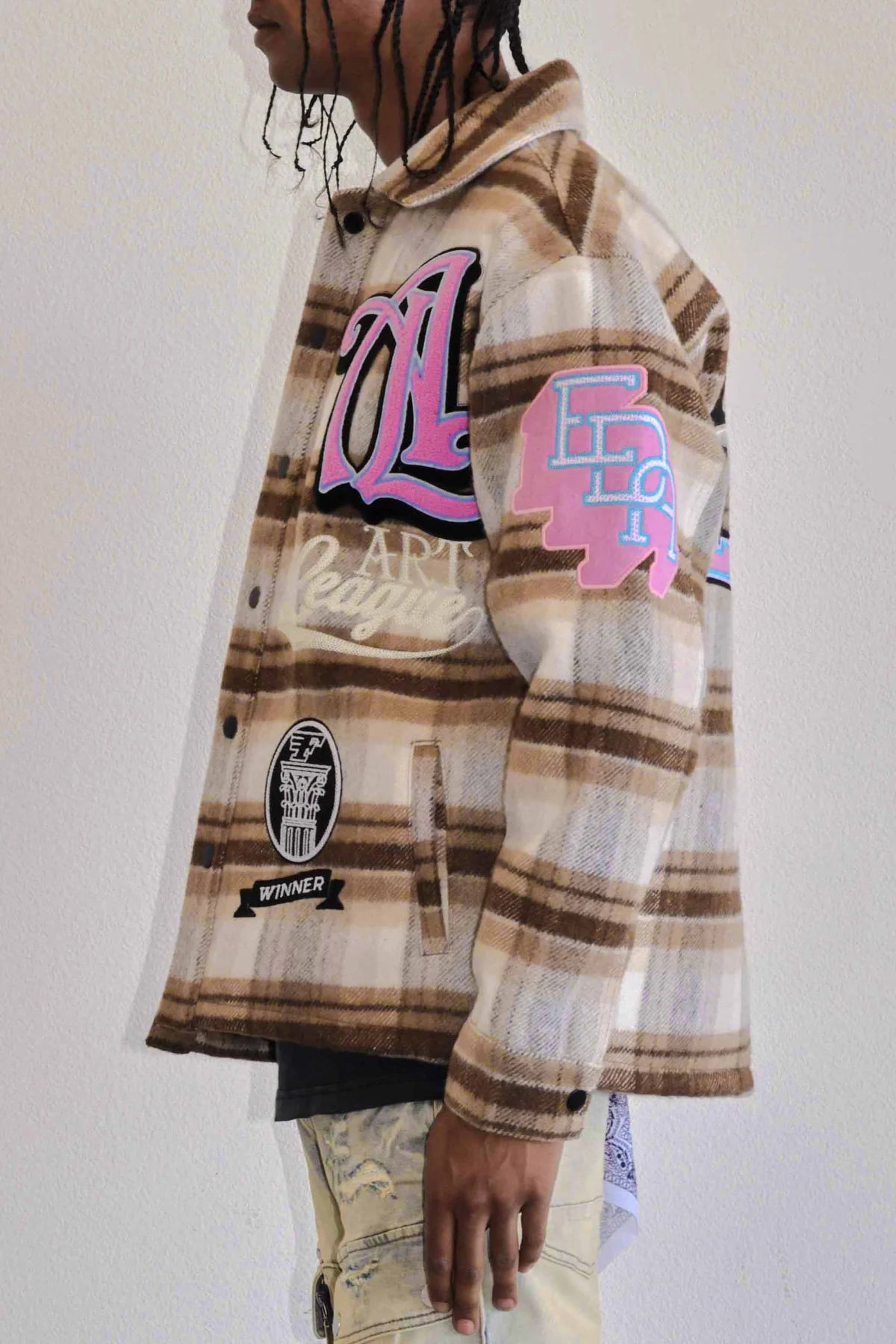 ART LEAGUE Multi-Patch Denim Shacket Jacket for Men & Women | Vintage Style Overshirt with Embroidered Patches | Perfect for Casual Wear, Music Festivals & Street Style Outfits