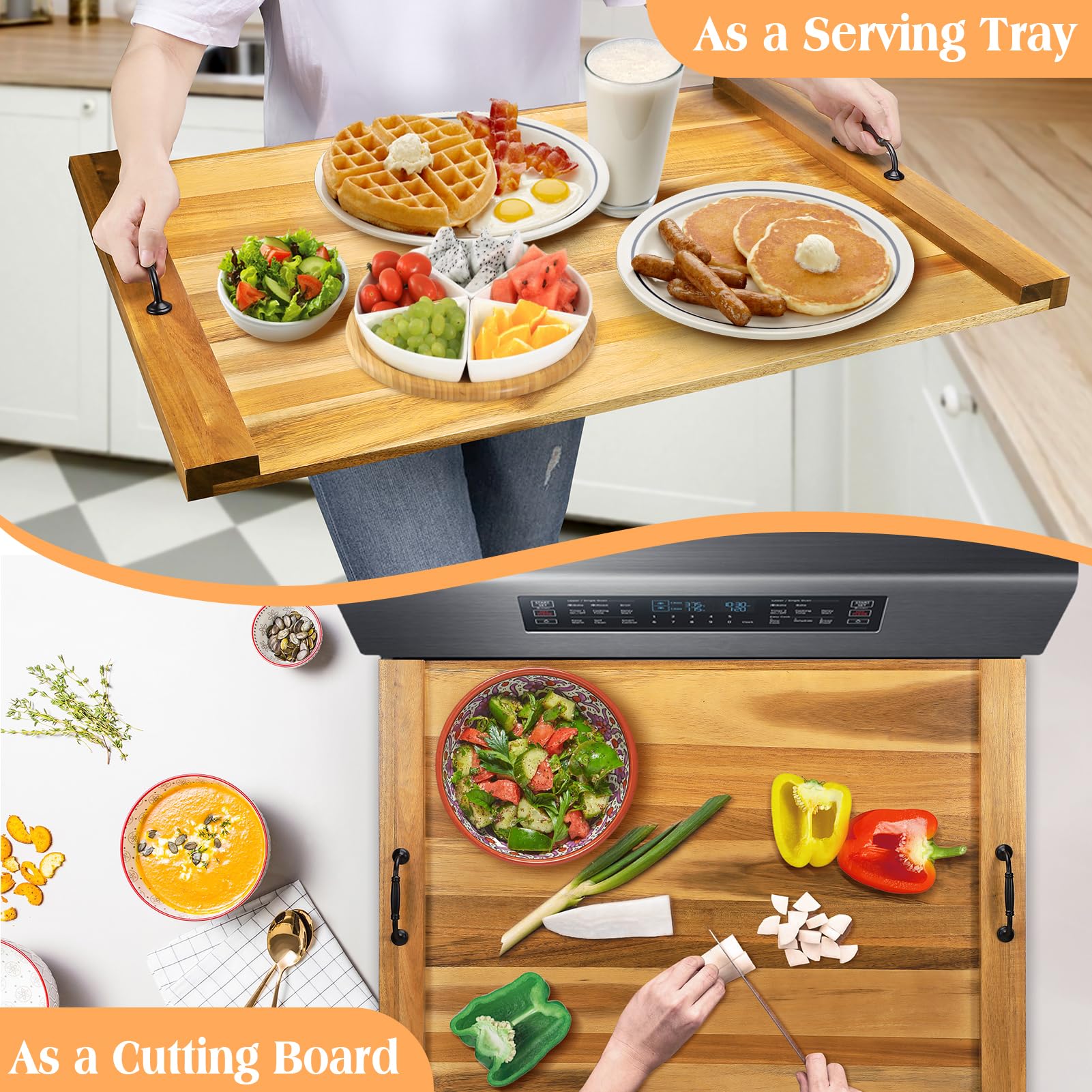 Premium Acacia Wood Stove Top Cover - 4 & 5 Burner Gas/Electric Cooktop Protector with Handle | Heat-Resistant Cutting Board & Noodle Board | Perfect for Kitchen Counter Protection & Extra Prep Space