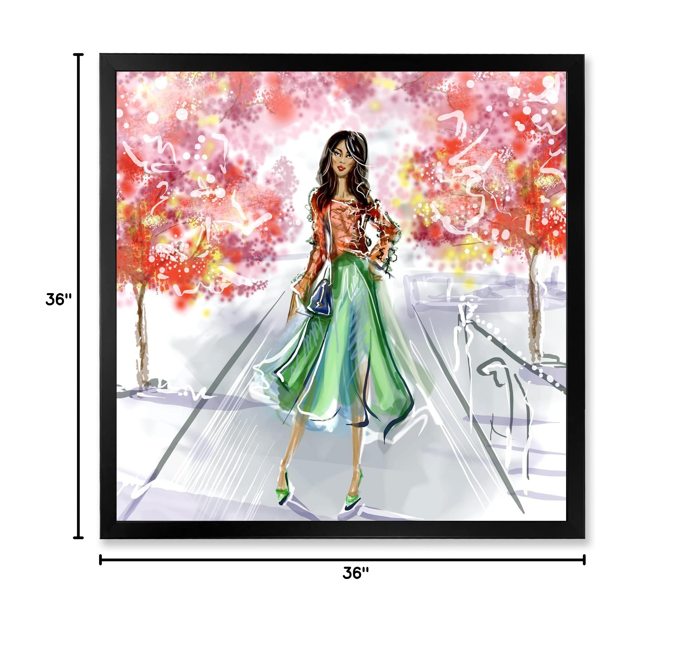 DesignQ Traditional Framed Wall Art - Beautiful Girl Wearing Fashionable Clothes in Park - Perfect for Living Room, Bedroom & Office Decor