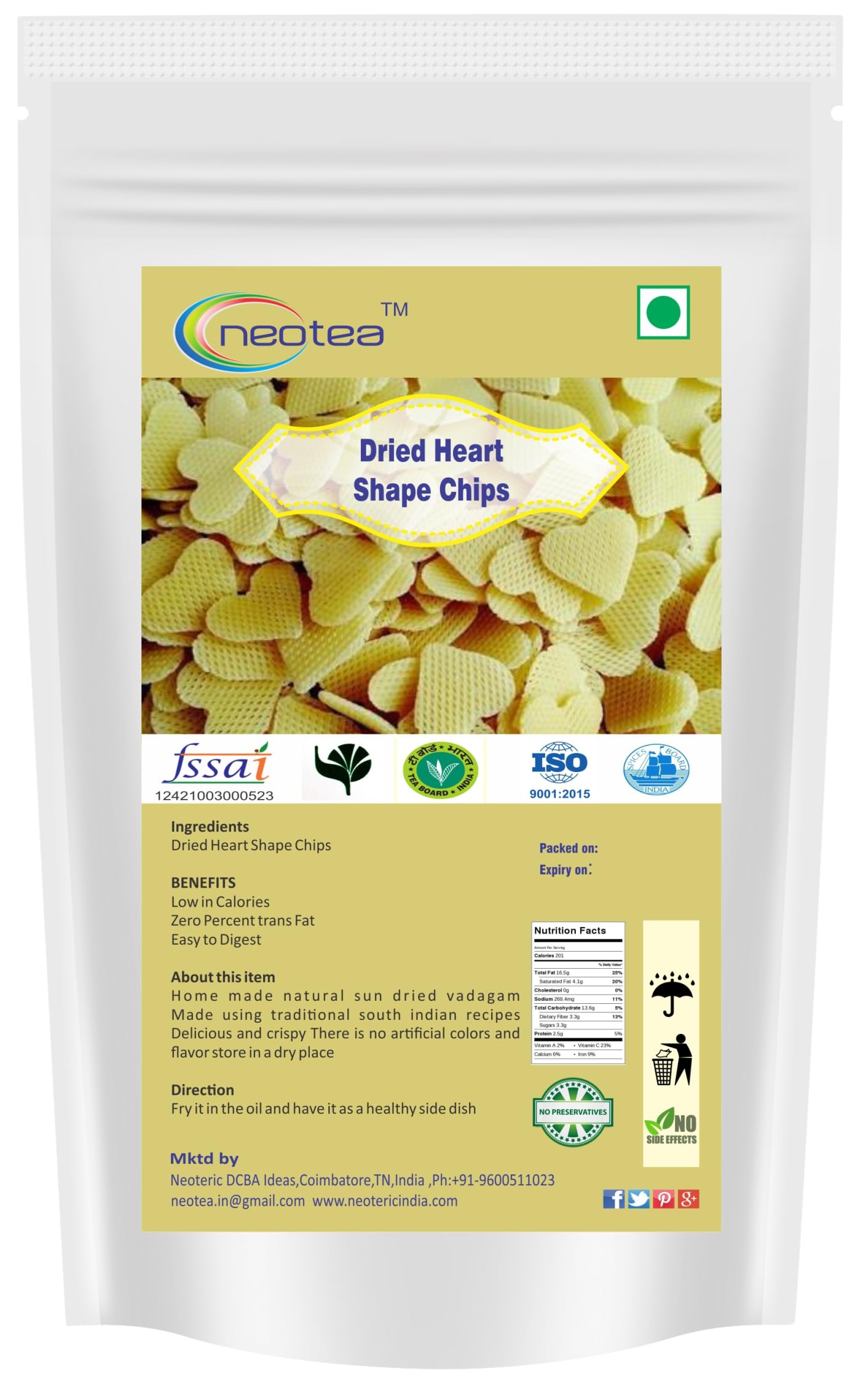 Neotea Homemade Fryum Snacks - Dried Heart Shaped Potato Chips, 250g | Crunchy Vegan Snack for Parties, Gifts & Healthy Munching
