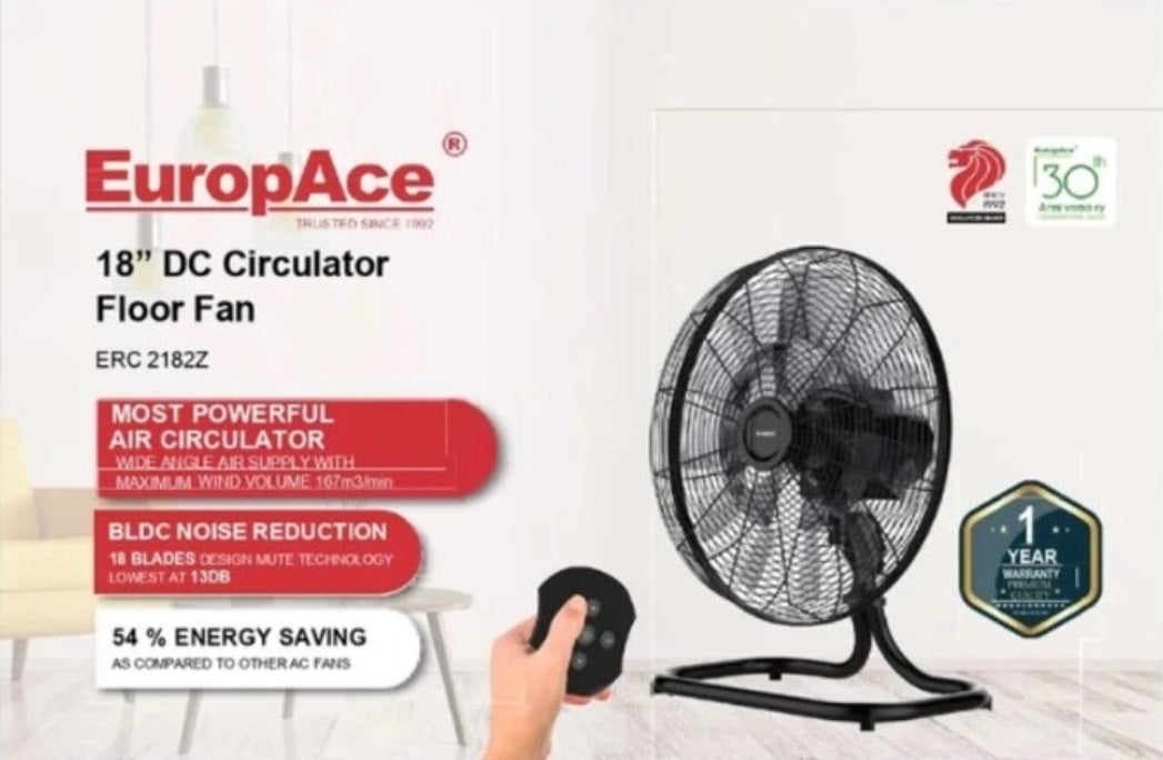 Europace ERC2182Z 18 Inch DC Circulator Floor Fan - Energy Efficient Cooling for Home, Office & Bedroom - Quiet High Velocity Airflow for Year-Round Comfort