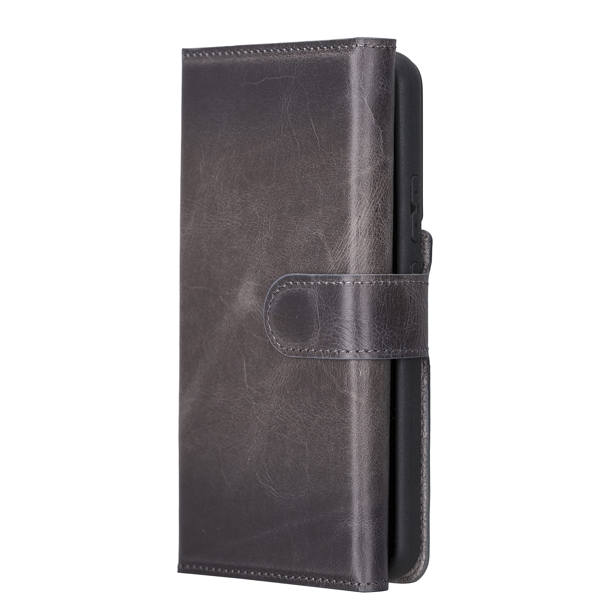 Premium Full Grain Leather Tri-Fold Wallet Case for Samsung Galaxy S22 Plus - 2-in-1 Magnetic Flip Cover with Card Slots & Detachable Durable Frame (Smoked Black) | Perfect for Business, Travel & Everyday Use