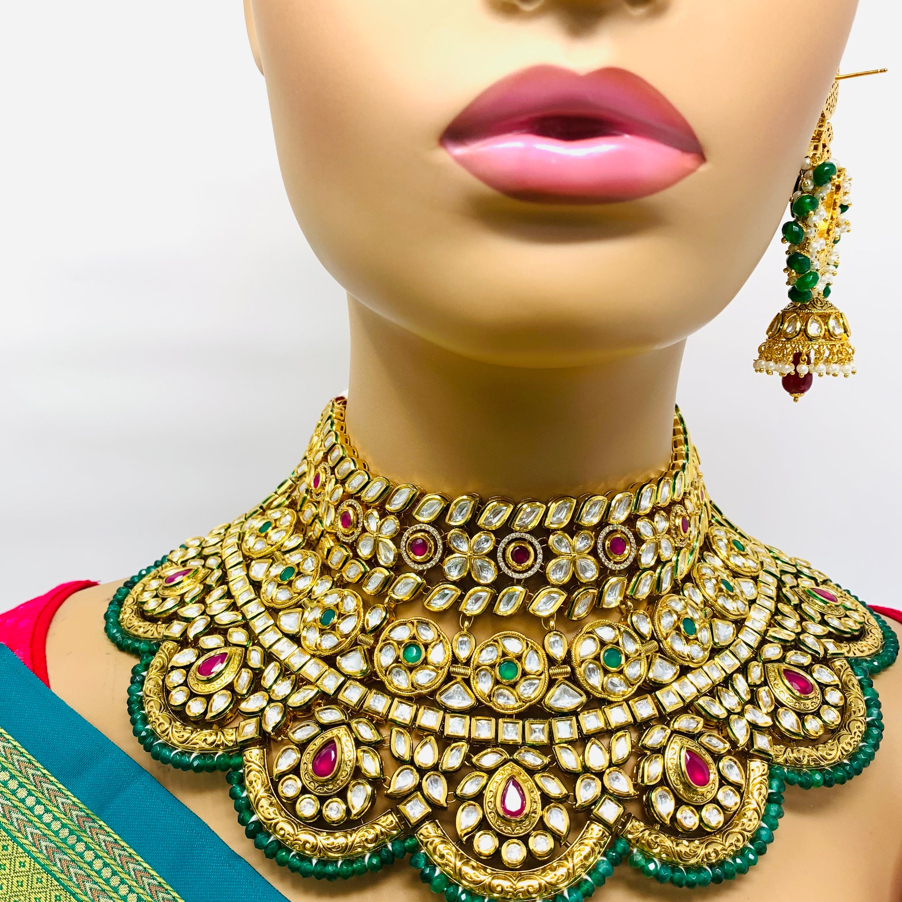 Luxury Gold Plated Royal Kundan Ruby & Emerald Necklace & Earrings Set (D644) | Bridal Jewelry, Wedding Gift, Indian Ethnic Fashion Accessory
