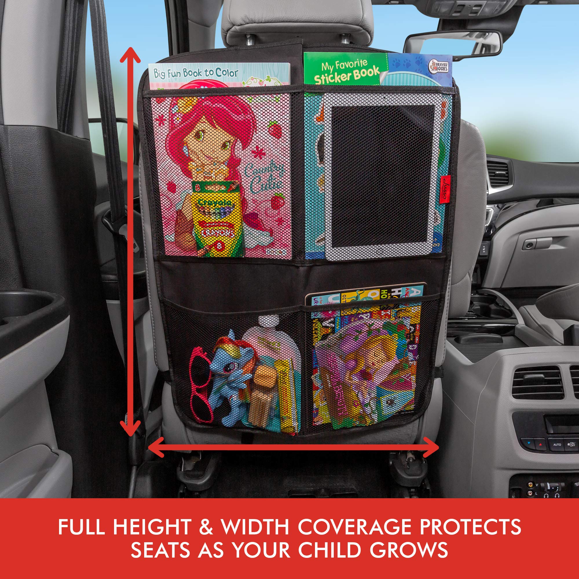 Premium Waterproof Car Seat Kick Mats (2 Pack) - Durable Back Protectors with Reinforced Corners & 4 Mesh Storage Pockets for Kids - Tan - Perfect for Road Trips, School Runs & Family Travel