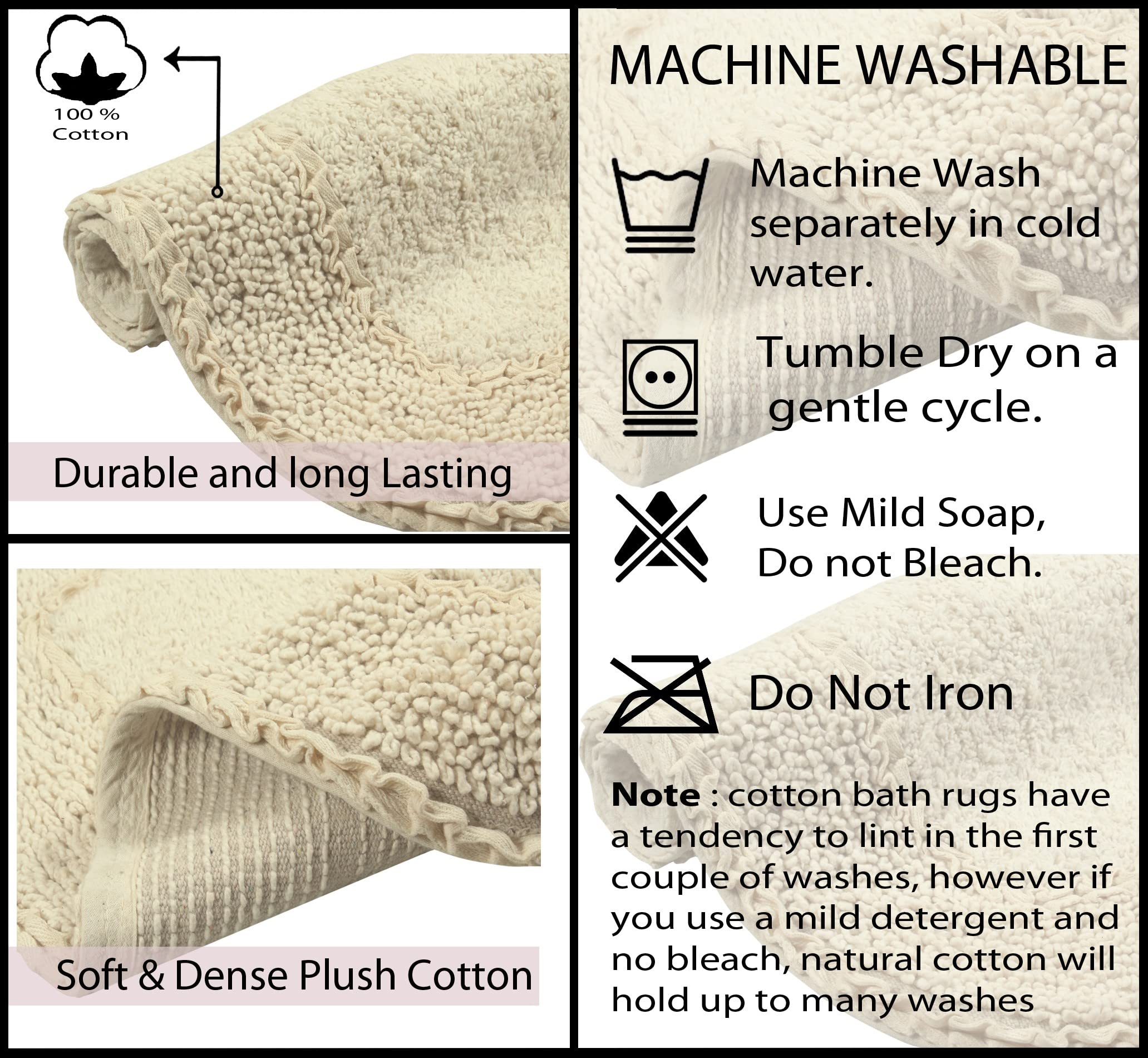 Premium 100% Cotton Bathroom Rugs Set - Ultra Soft & Absorbent Non-Slip Bath Mat with Runner - Machine Washable 3-Piece Ivory Collection for Bathroom & Kitchen Floor - Home Weavers Radiant Collection - Perfect for Bathroom Safety & Cozy Home Decor