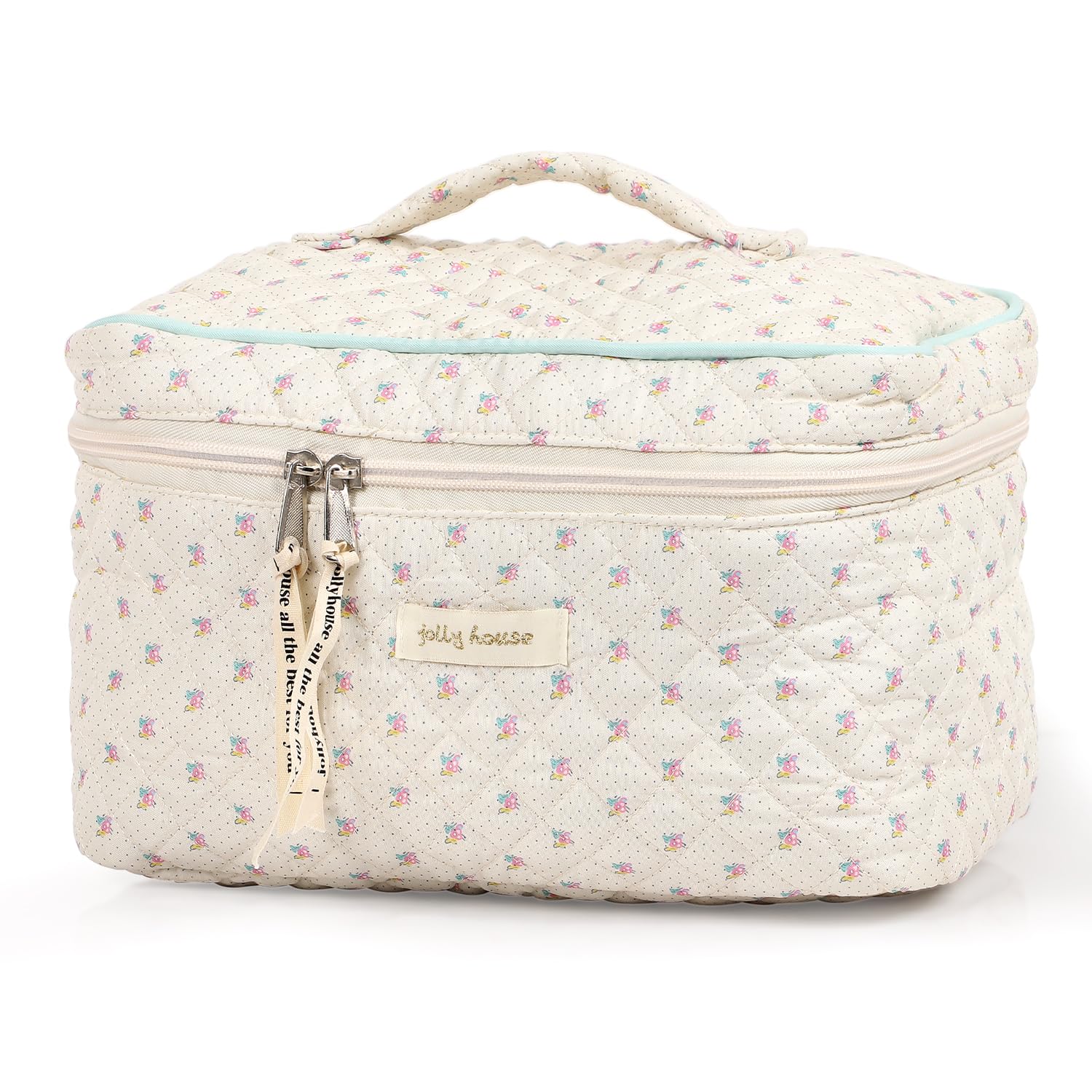 Sightor Large Quilted Cotton Makeup Bag for Women - Cute Floral Cosmetic Travel Toiletry Bag with Handle, Beige | Perfect for Travel, Gym, Daily Organizer & Gift
