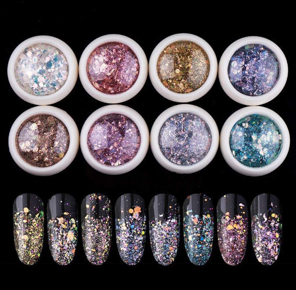 NAILWIND Holographic Nail Glitter Sequins Powder - 8PCS Chunky Glitter for Nails, Face, Body & Hair - Acrylic Nail Art, Manicure, Festival Makeup - Perfect for Parties, Halloween & Cosplay