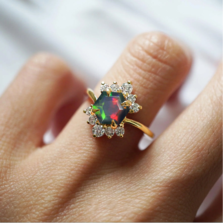 Natural Black Opal Hexagon Gemstone Ring for Women - Handcrafted Sterling Silver Jewelry - Perfect for Weddings, Anniversaries & Special Occasions