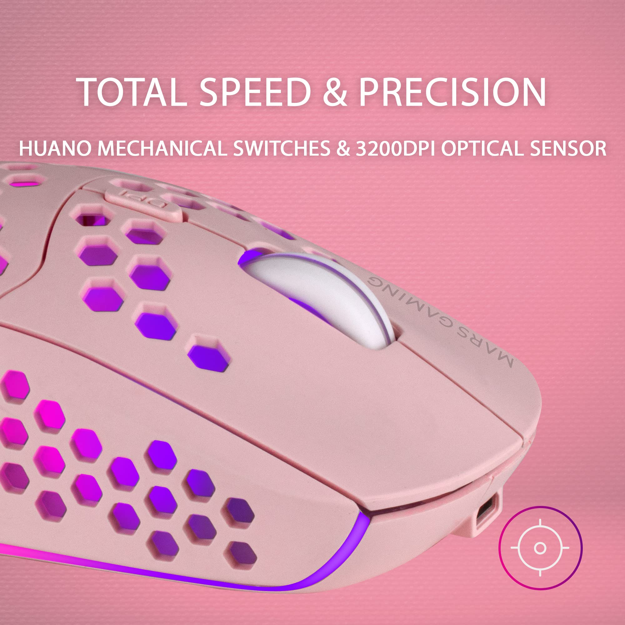 Mars Gaming MMW3P Wireless Gaming Mouse - RGB Flow, Ultra Lightweight 79g, 3200DPI, Pink - Perfect for Esports, FPS & MMO Gaming