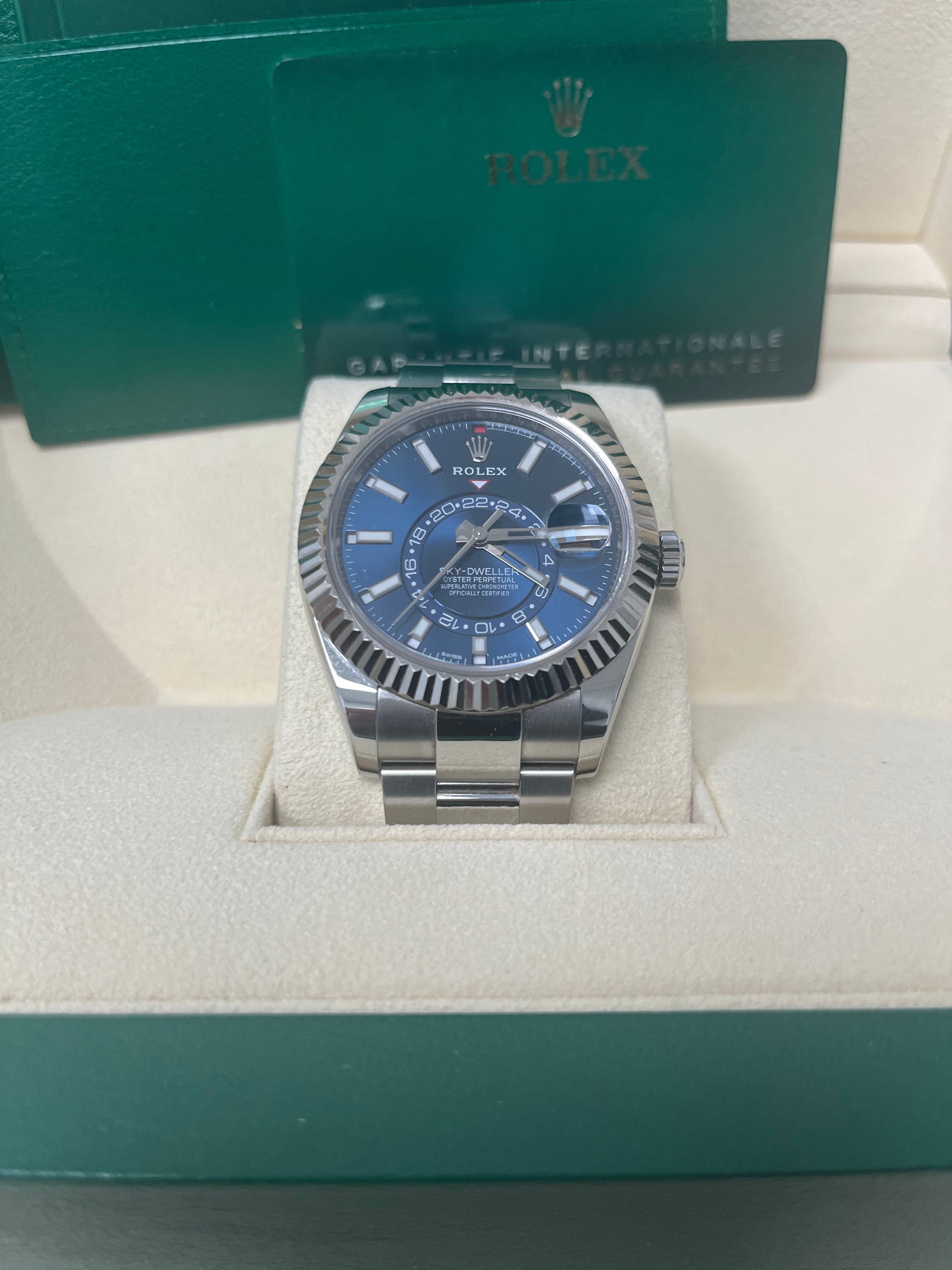 Rolex Sky-Dweller White Rolesor Blue Index Dial Oyster Bracelet Ref 326934 - Luxury Automatic Watch for Travel & Business Professionals