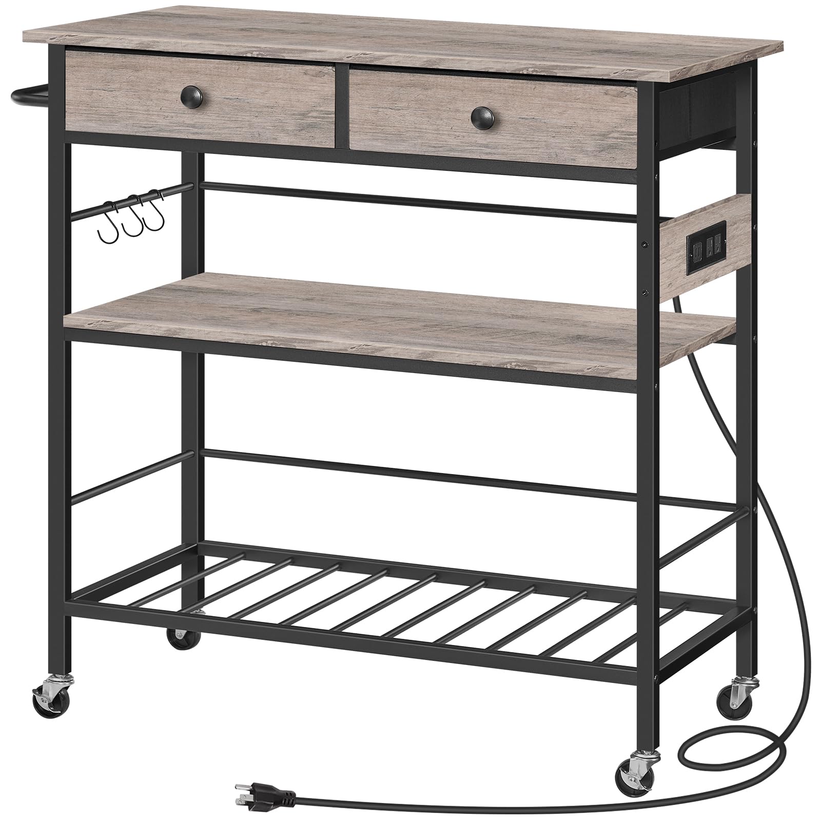 HOOBRO 3-Tier Kitchen Island Cart with Storage, 2 Drawers & Power Outlet - Mobile Coffee Station, Microwave Stand & Work Table for Small Spaces - Greige & Black (BG08UZD01) - Perfect for Apartments, Dorms & Compact Kitchens