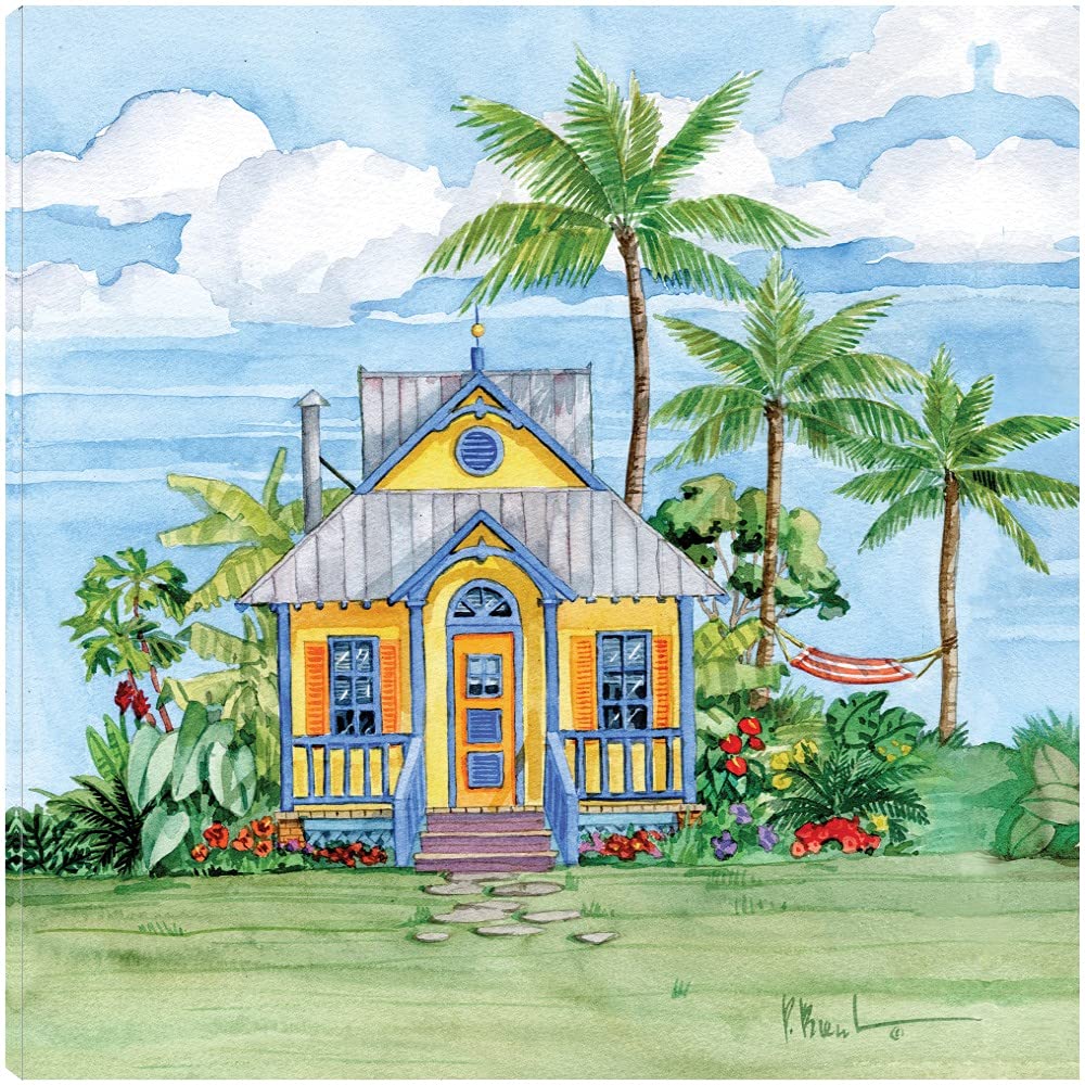 Paul Brent Tropical Cottage II Canvas Wall Art - 22x22 Inch Ready to Hang Fine Art Print for Living Room, Bedroom, Bathroom Decor - Coastal Beach House & Cottage Style Home Decor