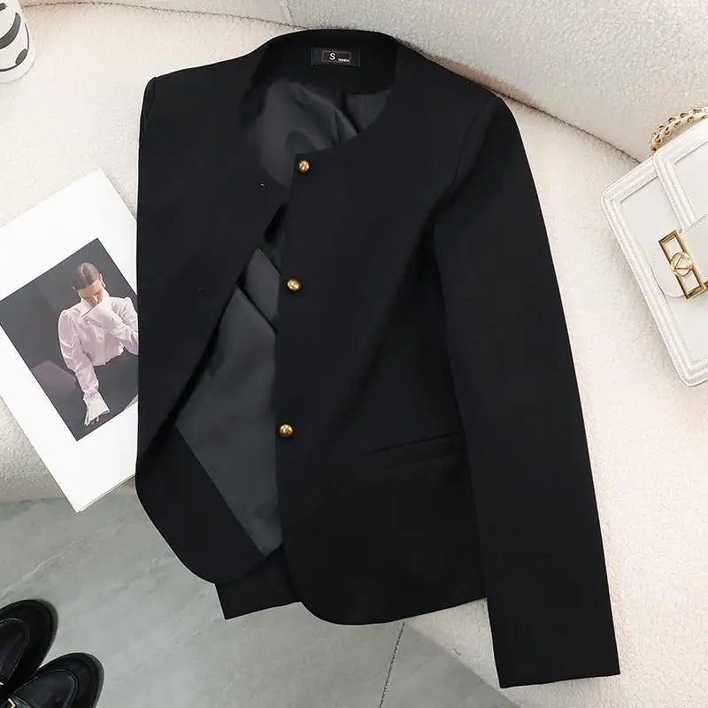 Women's Slim Fit Long Sleeve Blazer Coat - Black/Beige/Pink Round Neck Single Breasted Office Jacket for Spring & Autumn | Professional Workwear, Business Attire & Formal Occasions