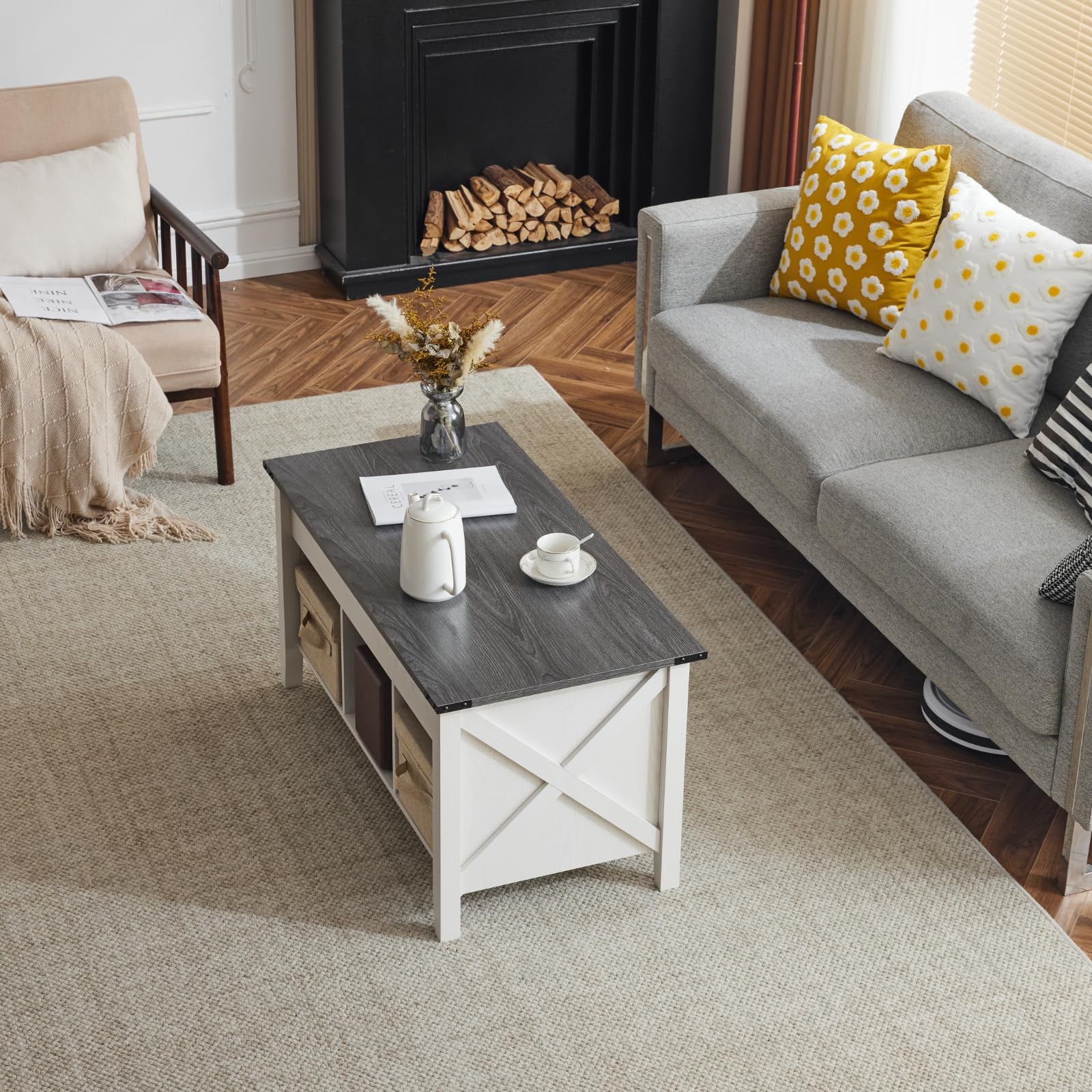 VINGLI Lift Top Coffee Table with Storage Shelf - Farmhouse Cross-Sided Design, Charcoal Top & White Frame, Hidden Compartment, Gas Lift Mechanism - Perfect for Living Room, Office, or Small Space Organization