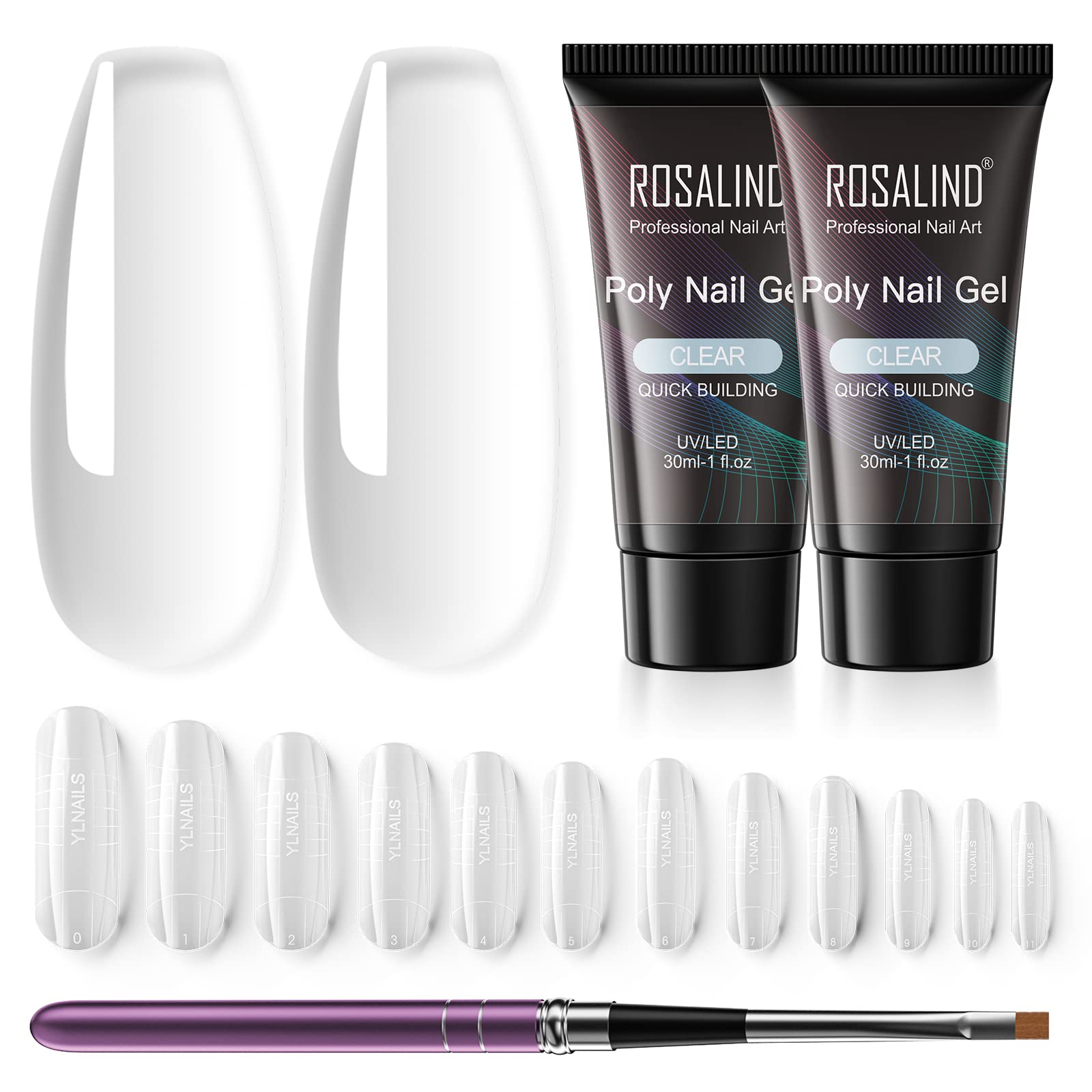 ROSALIND 30ml Acrylic Poly Nail Extension Gel Kit - 2 Pack Transparent Semi-Permanent Nail Gel with Brush & Nail Molds | DIY Nail Art for Beginners, Salon Quality Manicure at Home | Perfect for Wedding, Party & Everyday Nail Care