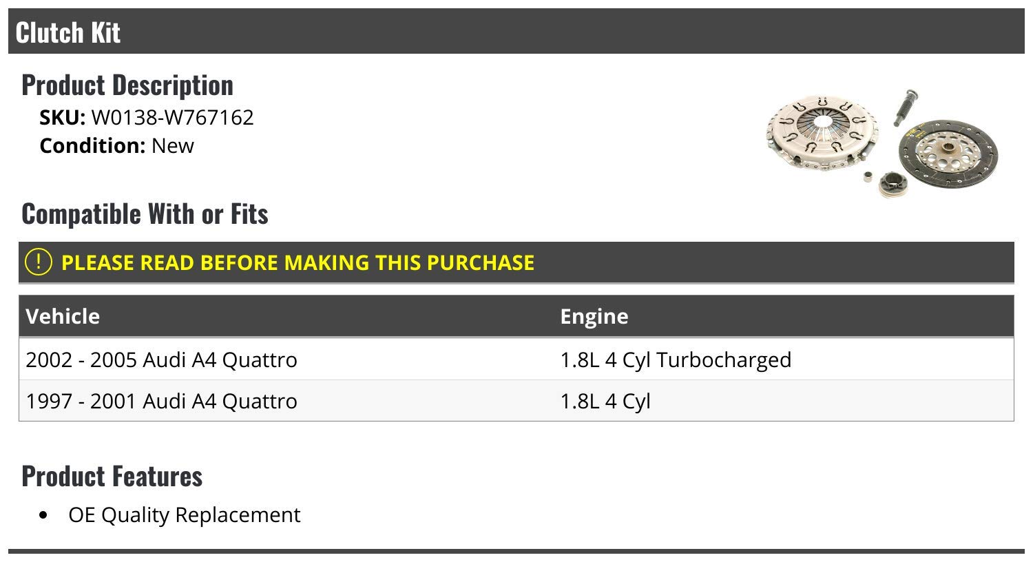 High-Performance Clutch Kit for 1997-2005 Audi A4 Quattro - Perfect for Street Racing & Daily Driving Upgrades
