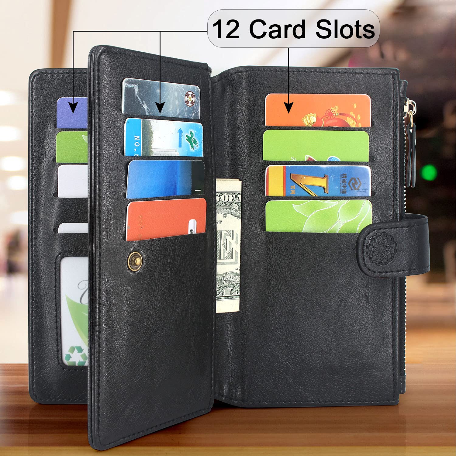Harryshell Detachable Magnetic Zipper Wallet Case for Motorola Moto G Stylus 5G (2021) - Leather Phone Cover with 12 Card Slots, Cash Pocket & Wrist Strap | Flower Black Design | Perfect for Daily Use, Travel & Business Meetings
